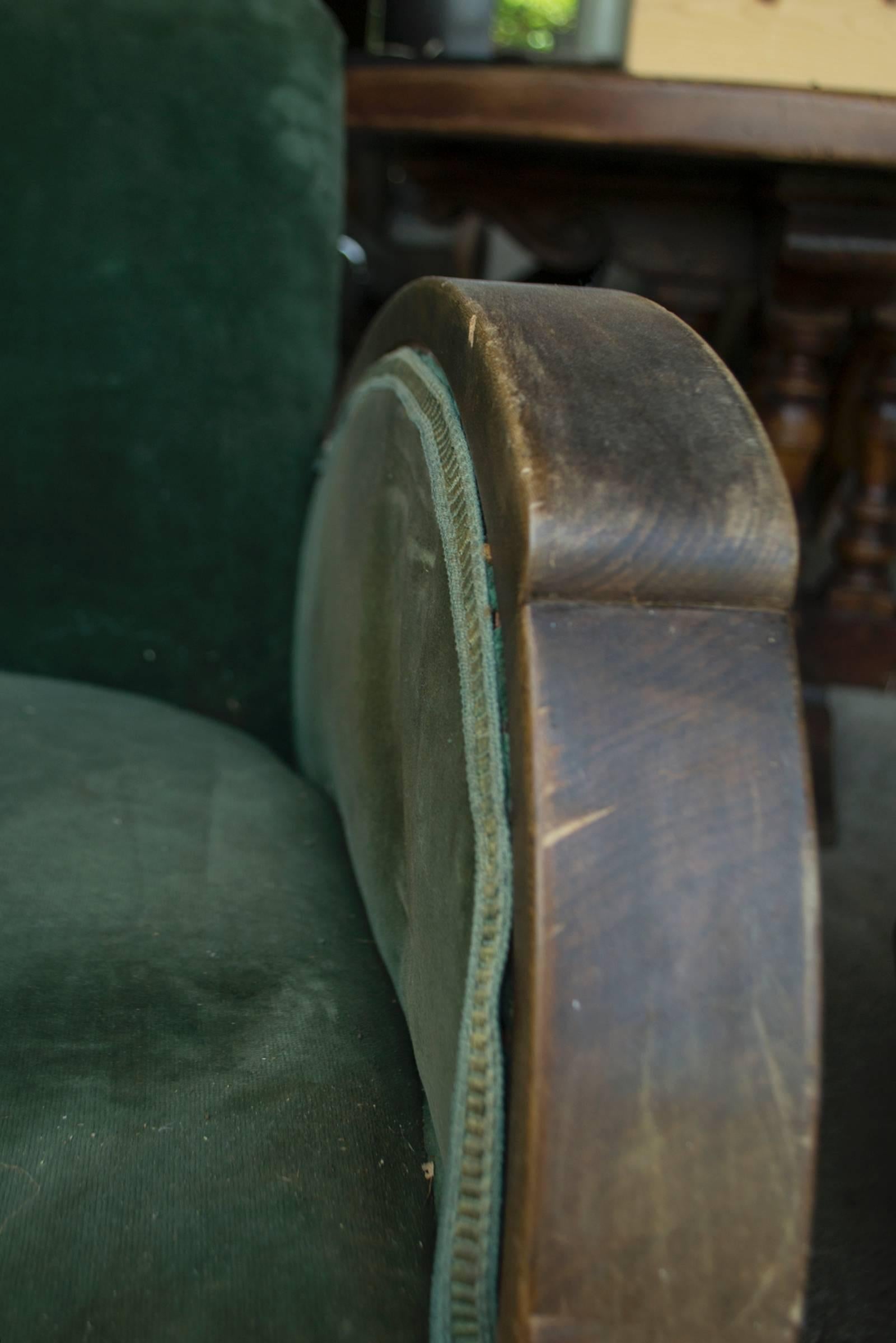 Vintage Green Velvet Art Deco Club Chairs In Fair Condition In Napa, CA