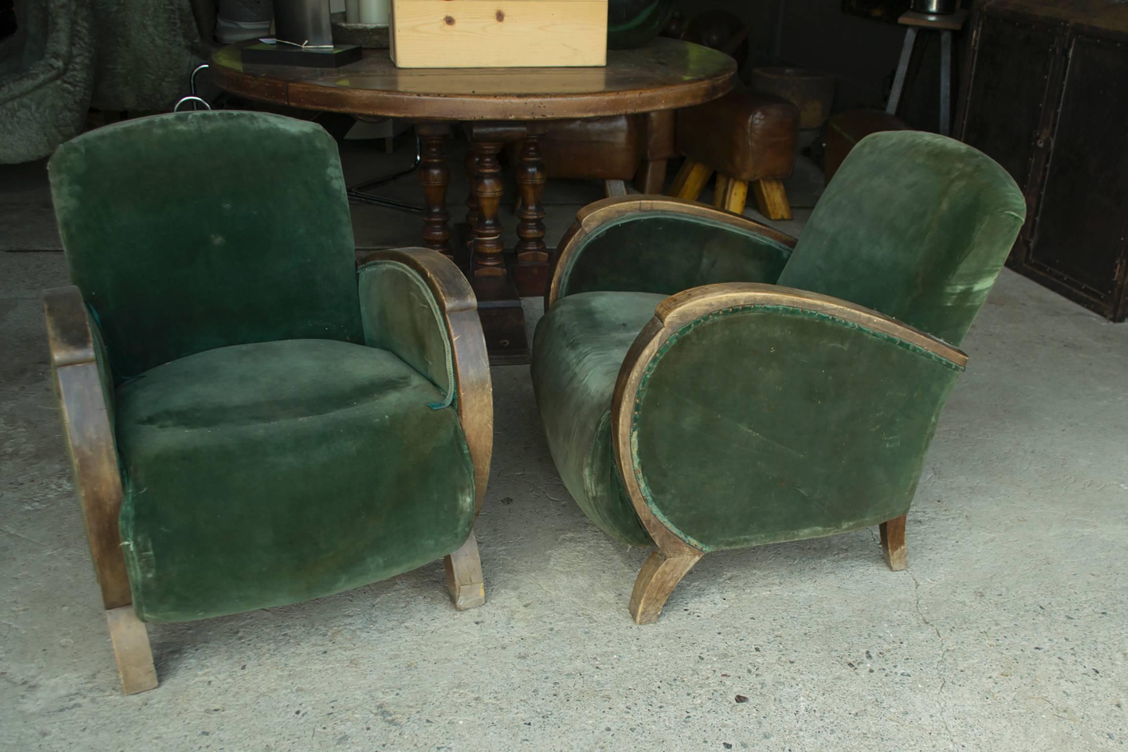 Pair of green velvet bentwood Art Deco club chairs. Upholstered in green velvet with ribbon trim; please see images for condition details. 

Priced individually.