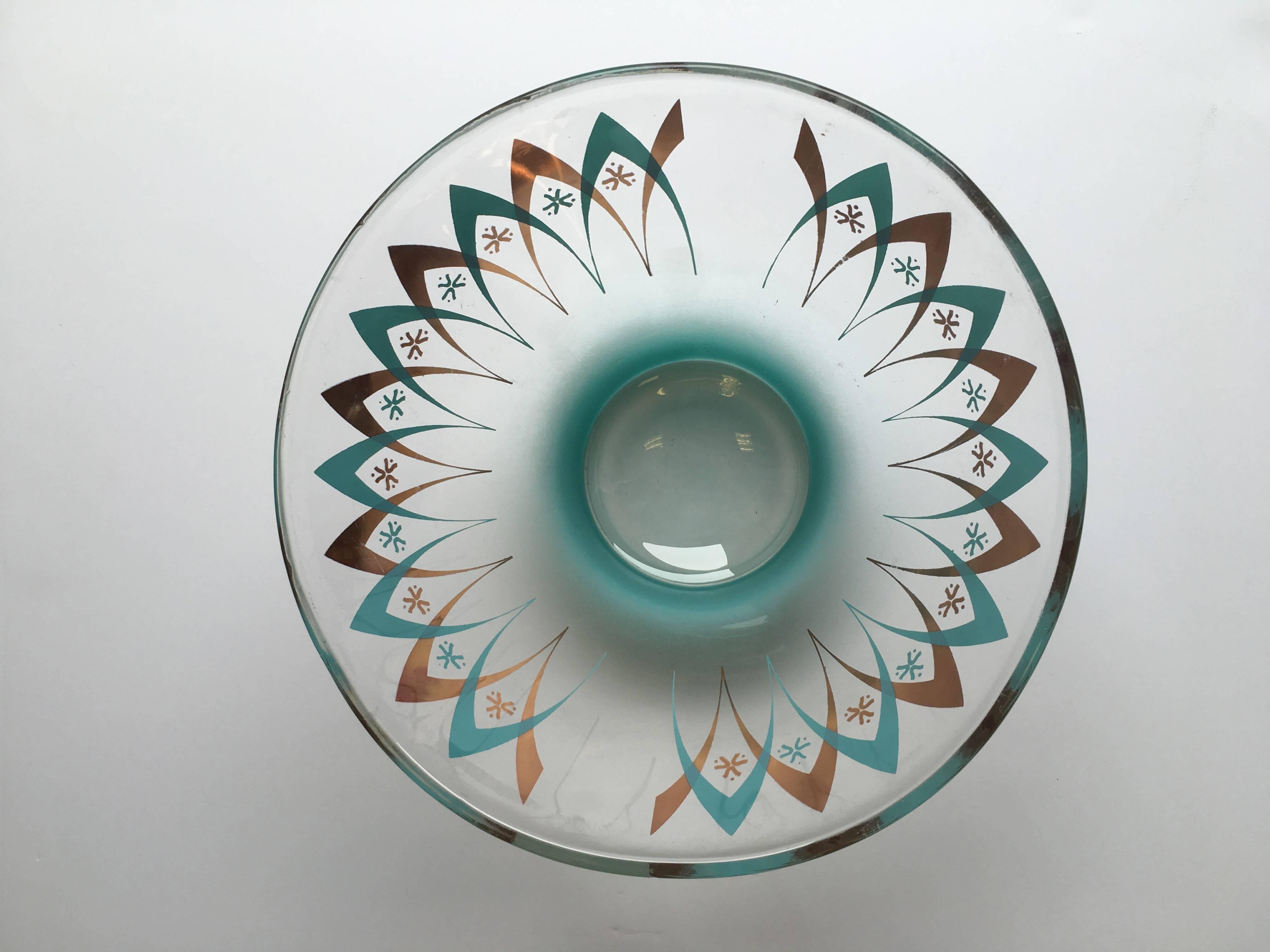 American Mid-century Glass Punch Bowl with Curved Metallic Motif