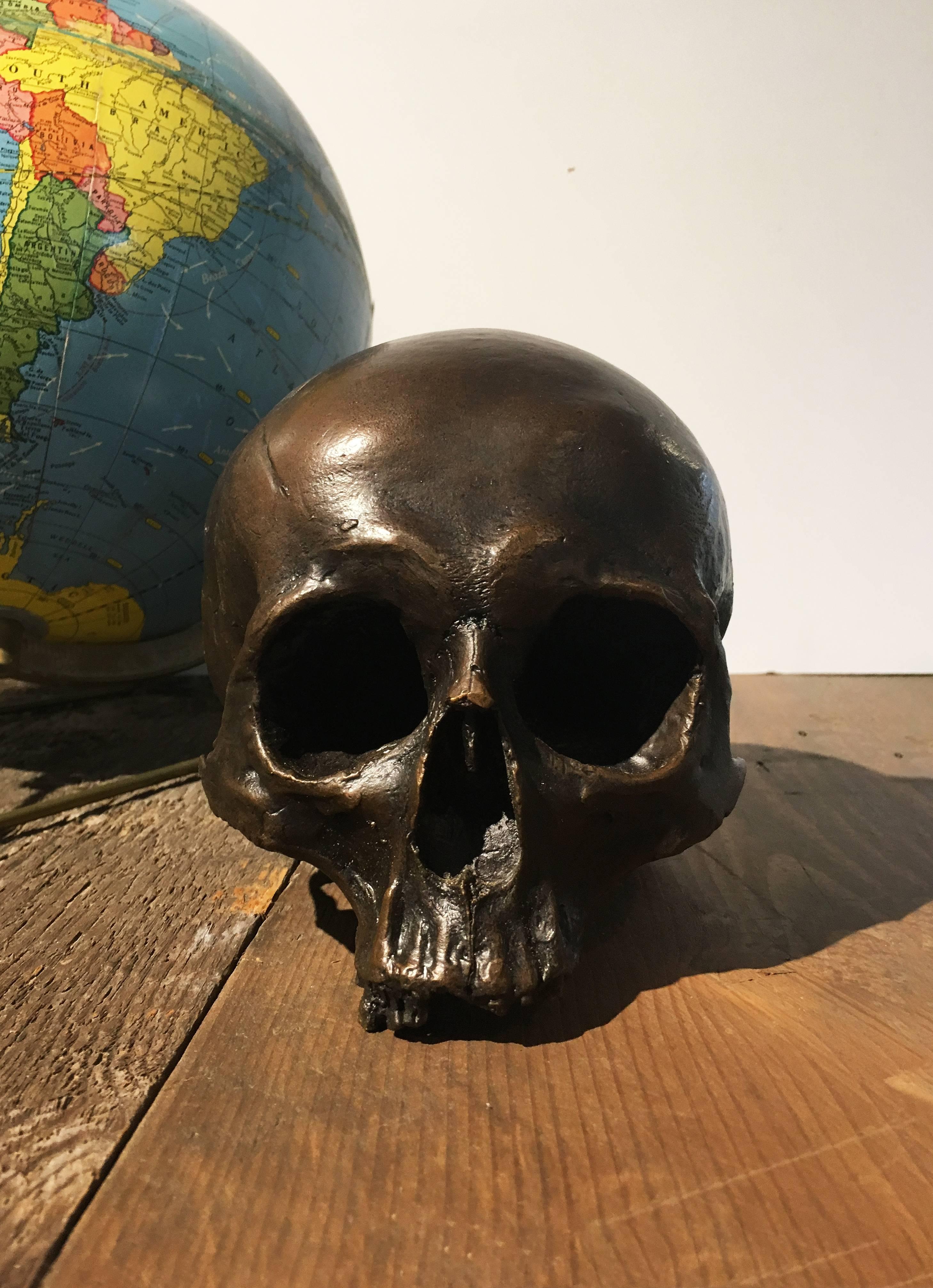 Cast bronze skull. Approximately 10 pounds; heavy enough to be used as a book end or large paperweight in library or office. 

Pictured with bronze skull with silver patina.