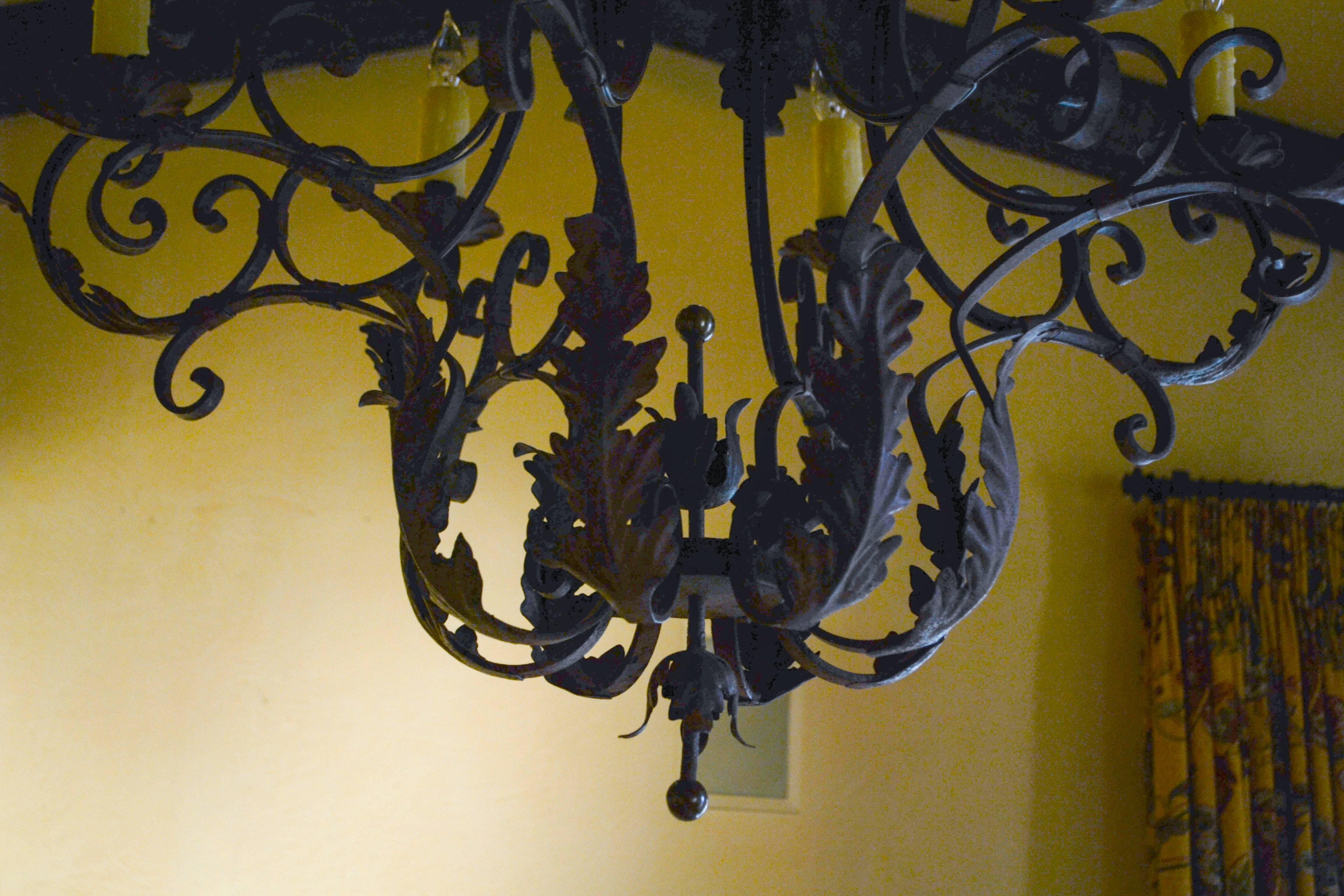 Mid-20th Century Pair of 1930s Italian Rococo Style Basket Form Tole and Iron Chandeliers