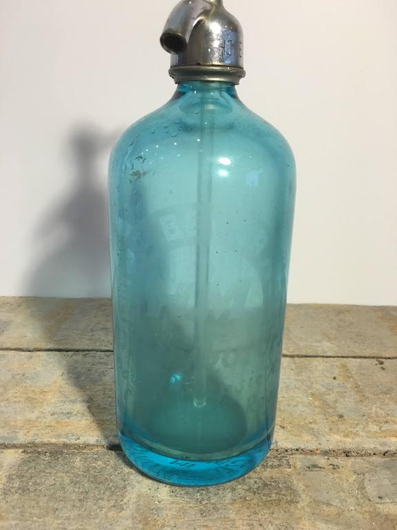 Vintage Blue Colored Glass Soda Bottle For Sale at 1stdibs