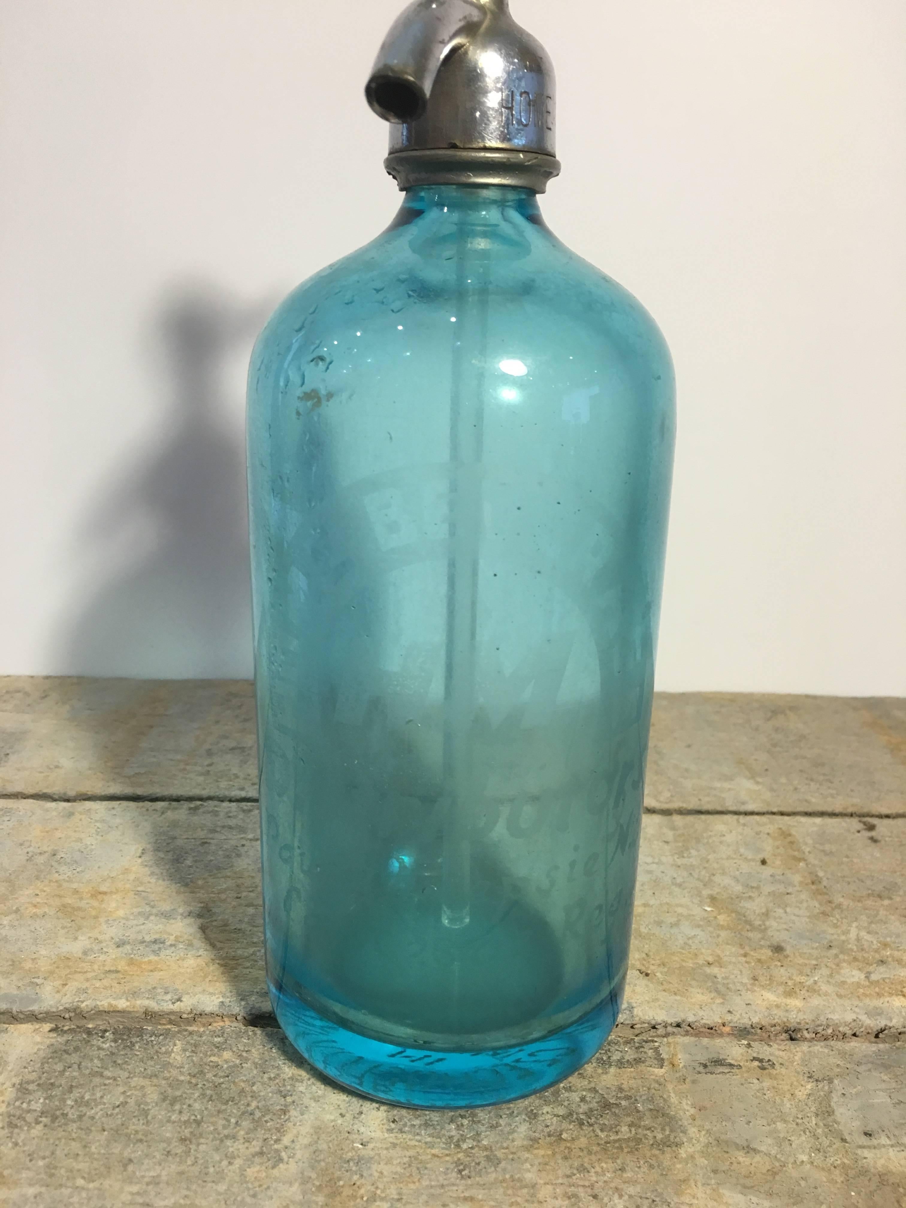 Vintage Blue Colored Glass Soda Bottle In Excellent Condition In Napa, CA