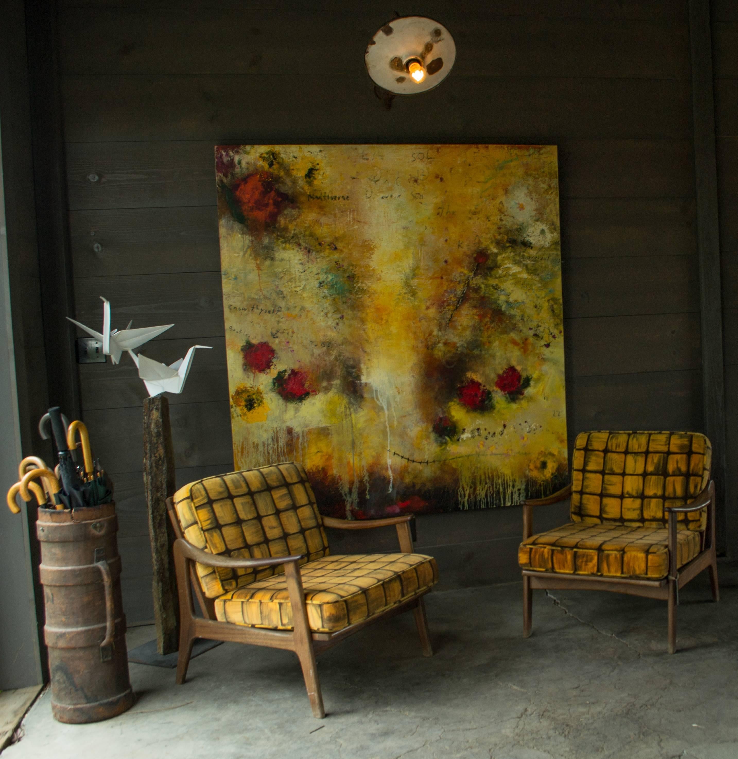 Very comfortable vintage Swedish design chairs. Wood frames; reupholstered with Michelle Pereira block print velvet. Colors in print include amber, orange, chocolate, sienna and umber. 

   