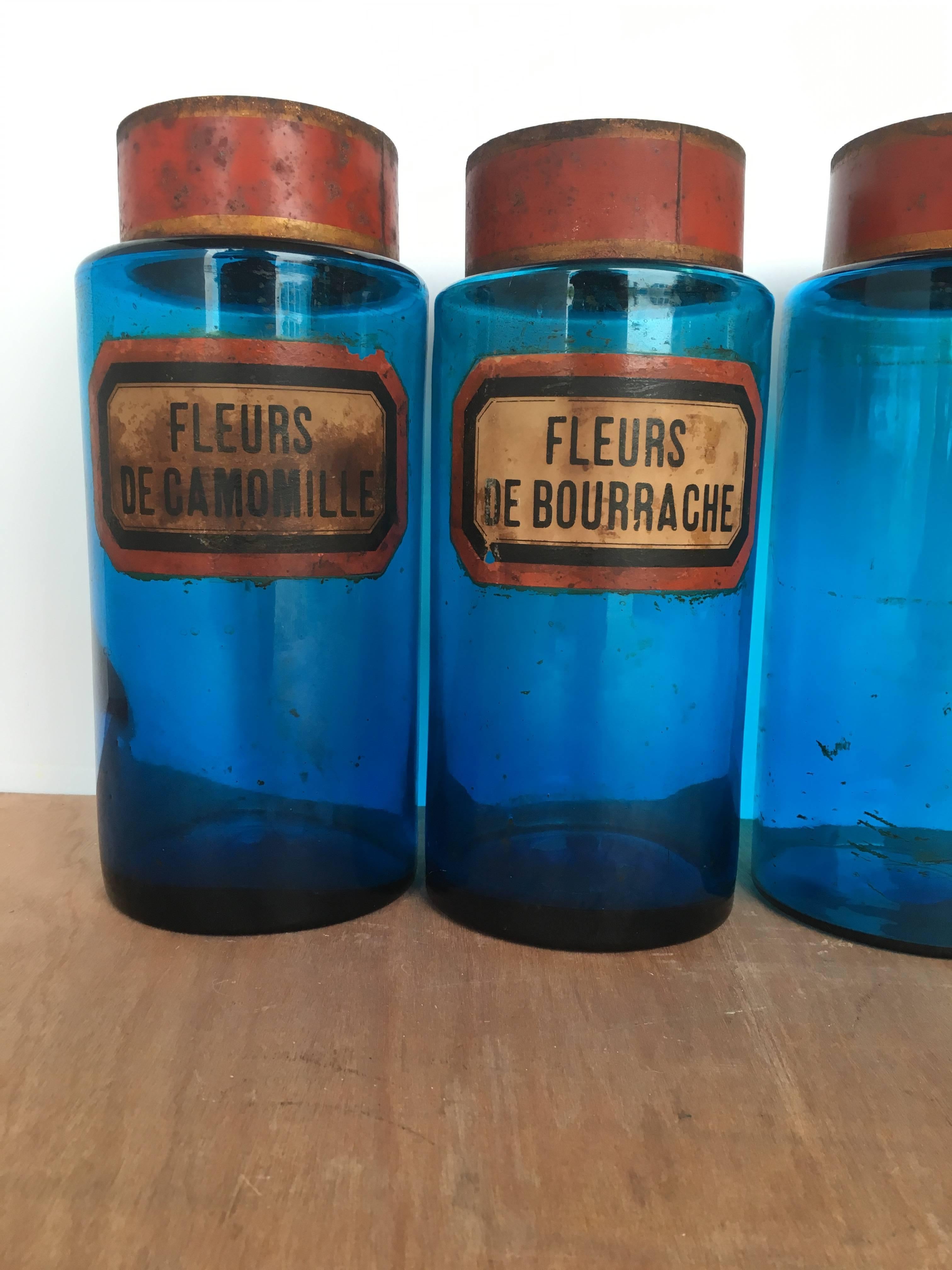 20th Century Set of Six Vintage French Blue Glass Apothecary Jars
