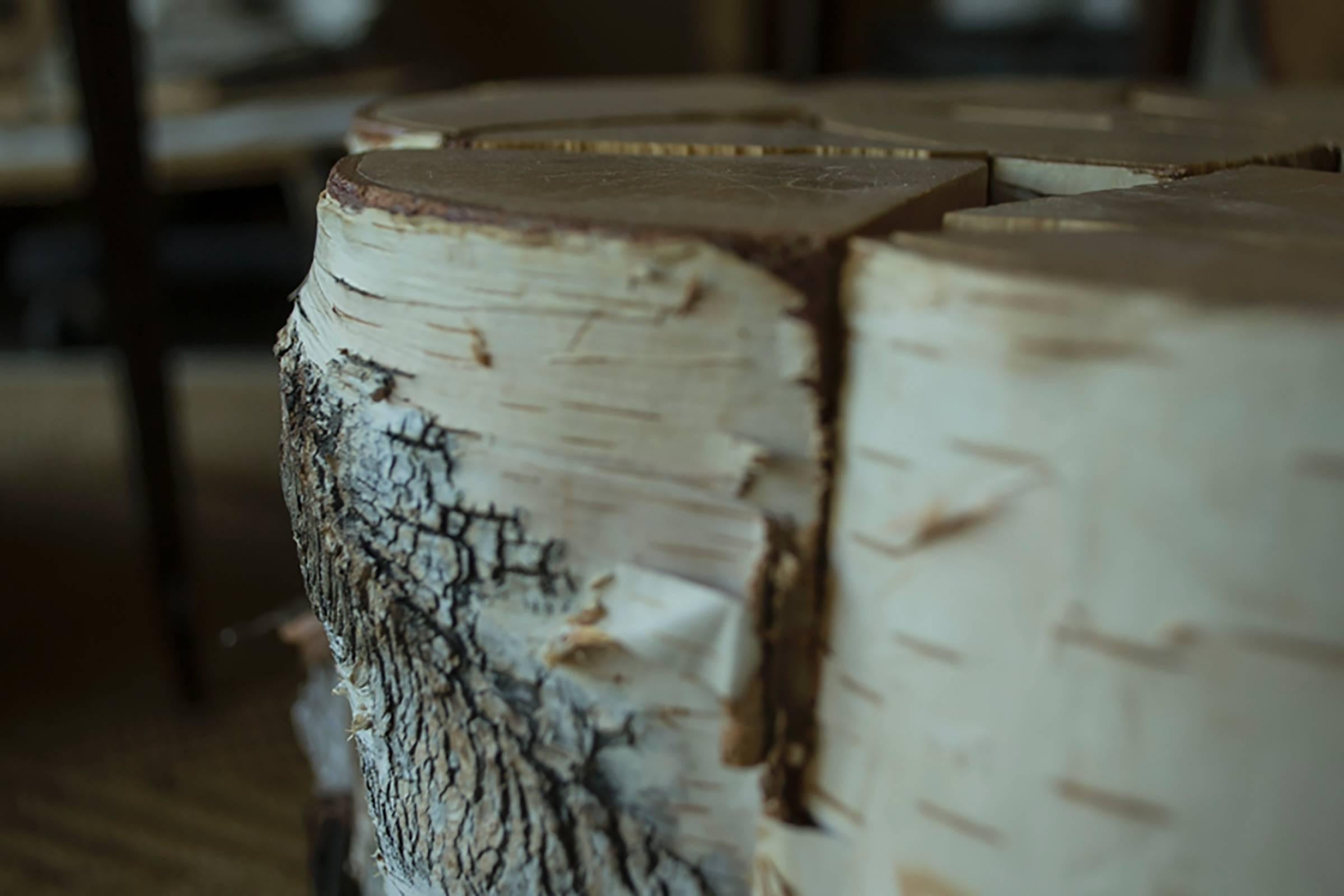 Tables d'appoint en bouleau cunéiforme avec écorce blanche et écorce naturelle exposée. 

Le plateau de la table est en bois de bouleau dont le grain est légèrement varié ; veuillez vous renseigner pour toute question. 