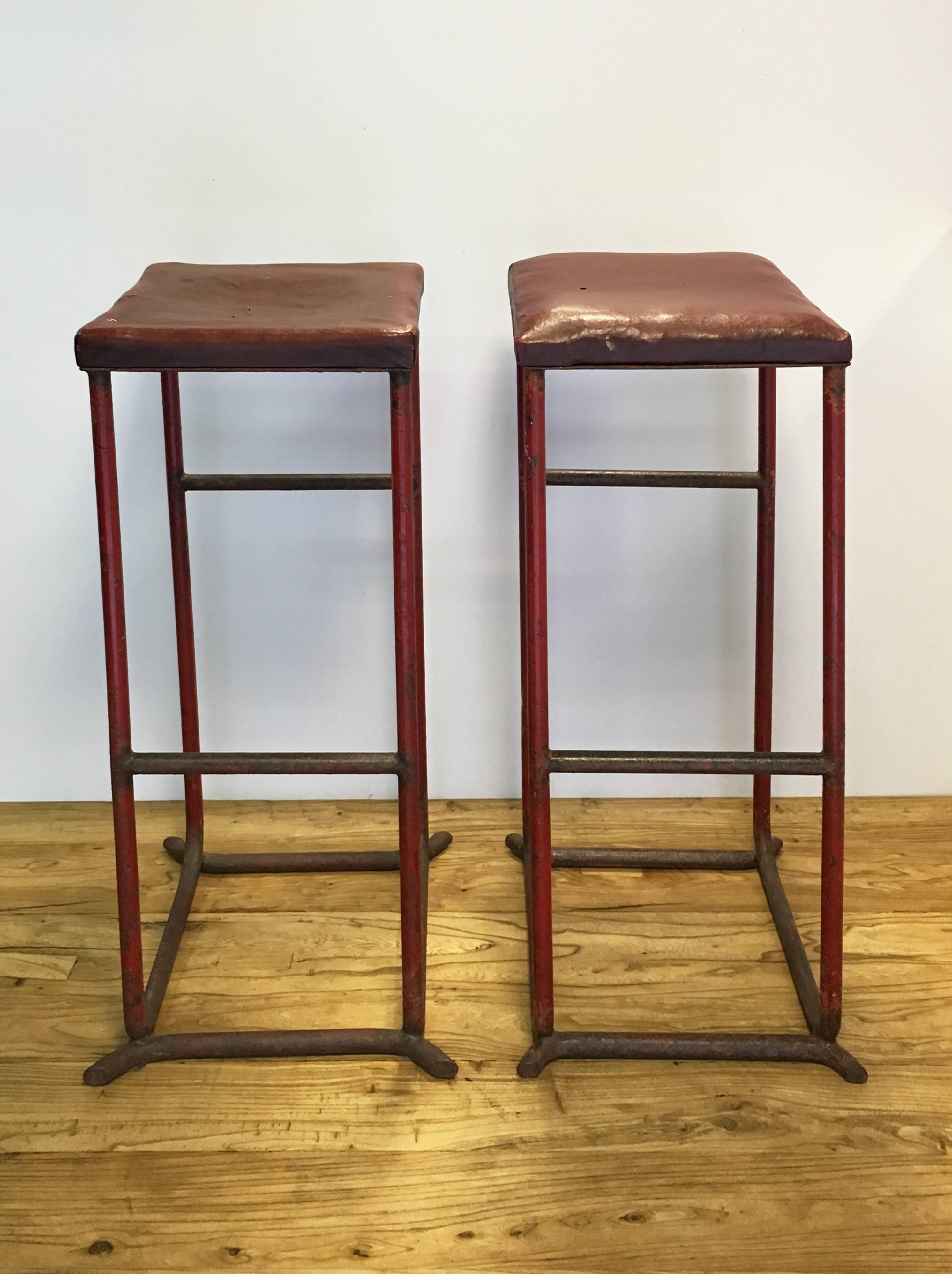 Vintage French Red Leather Stools, circa 1970s In Excellent Condition For Sale In Napa, CA