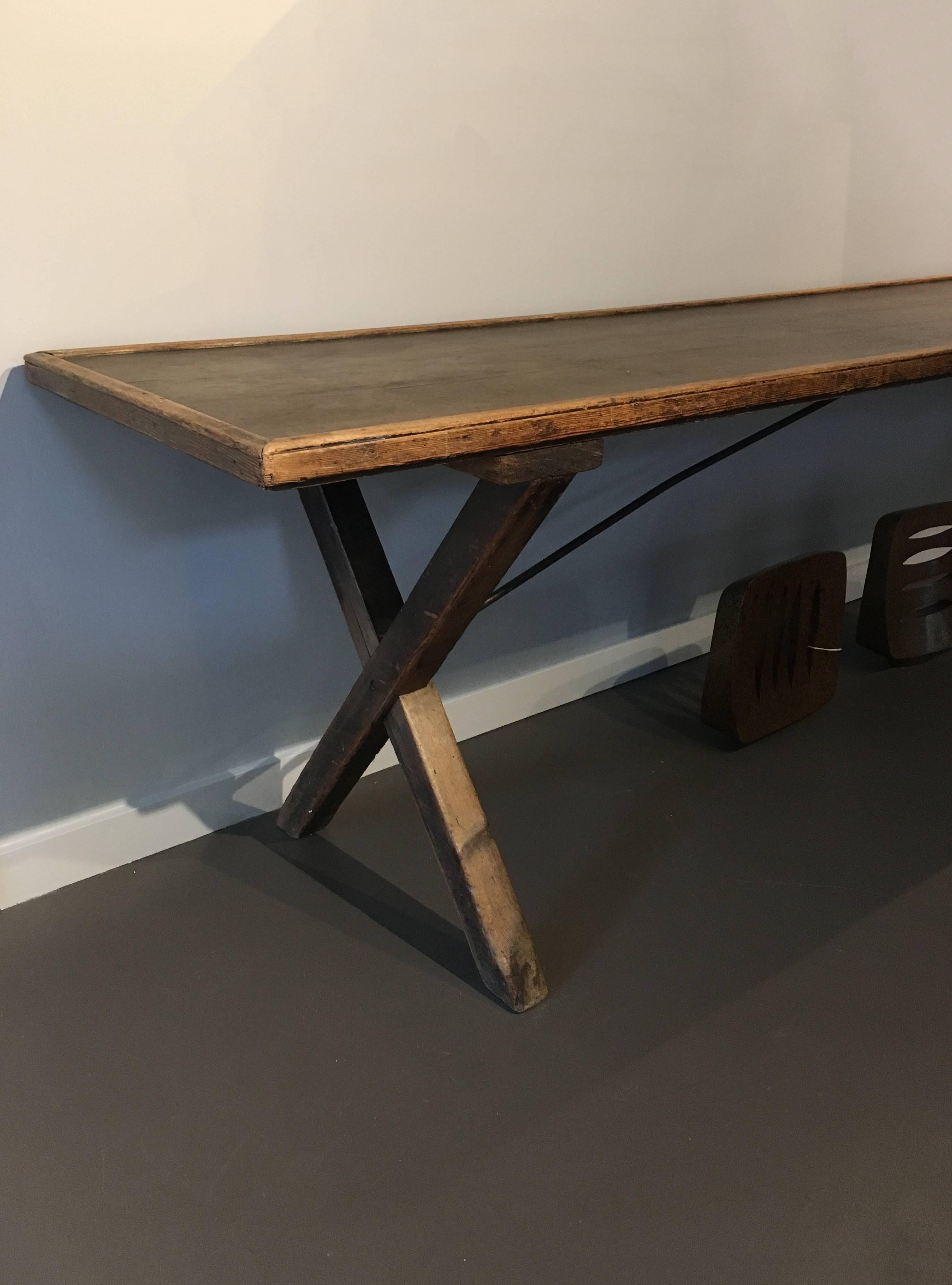 Vintage pine and leather topped serving table. 

Please see images with details of surface patina. 
