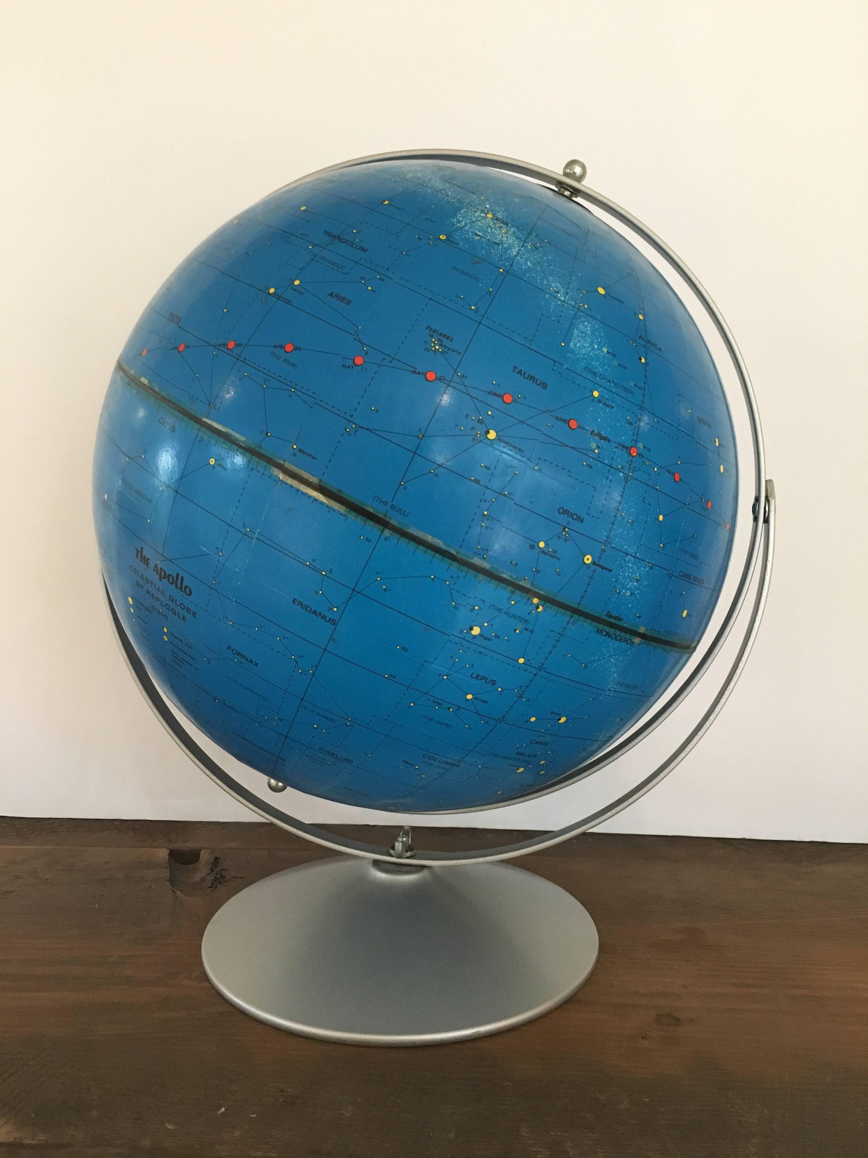 Celestial globe by Repogle, circa 1971, created in honor of Lunar Launch and named for Apollo space program.

Globe is blue with charted stars and constellations. Measures: 12"