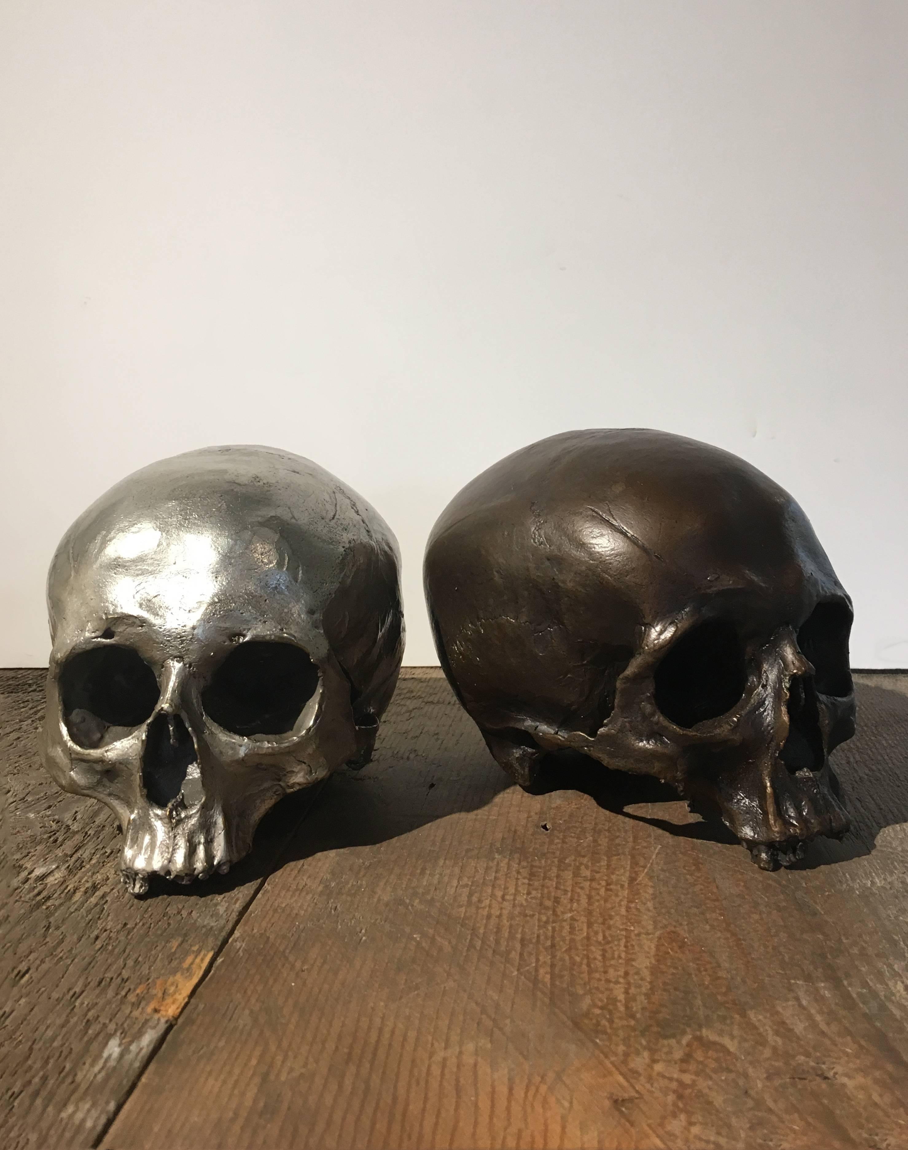 Cast Bronze Silver Skull In Excellent Condition In Napa, CA