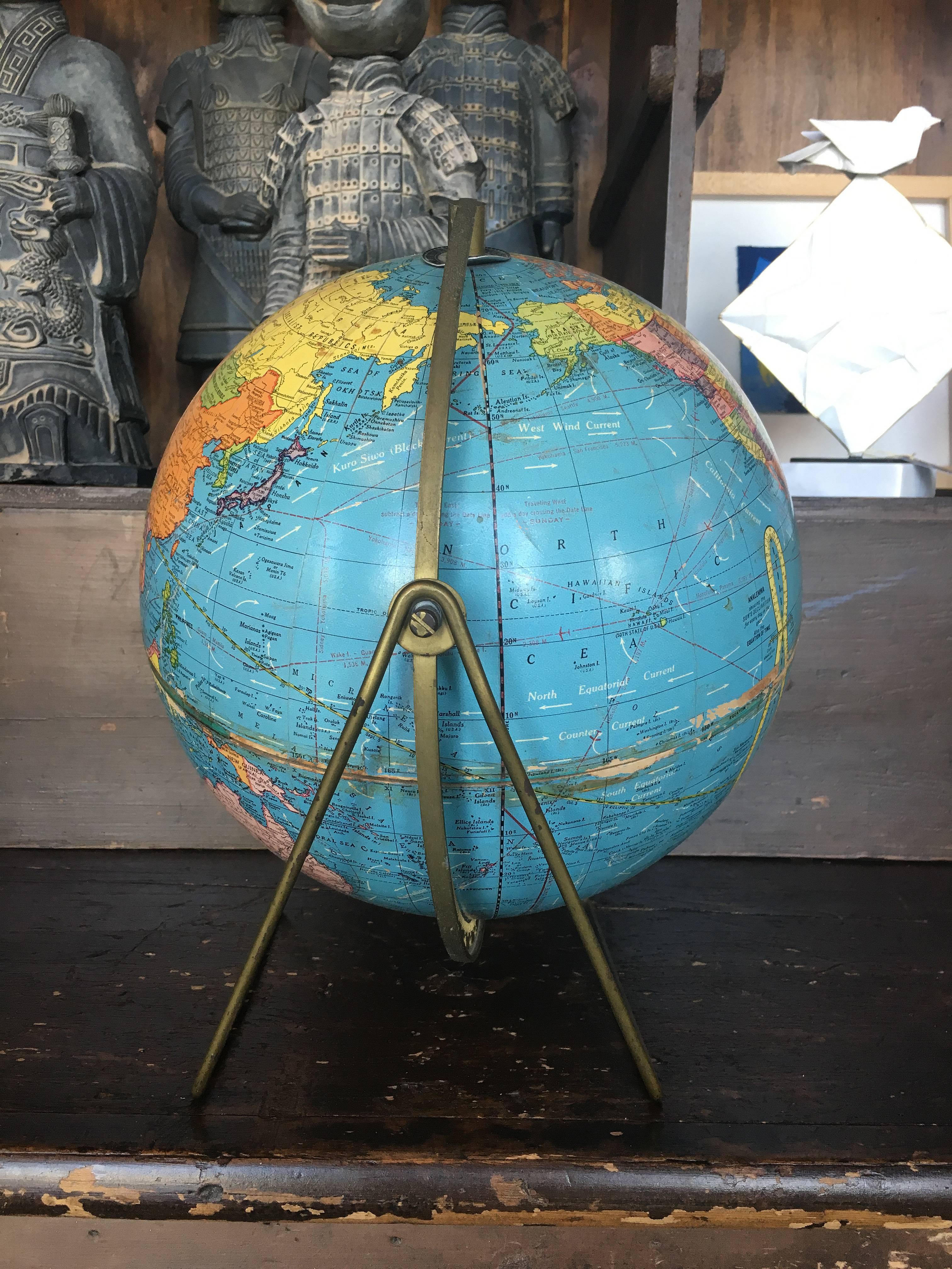 Vintage Scholastic World Globe with Rotating Stand, circa 20th Century In Good Condition In Napa, CA