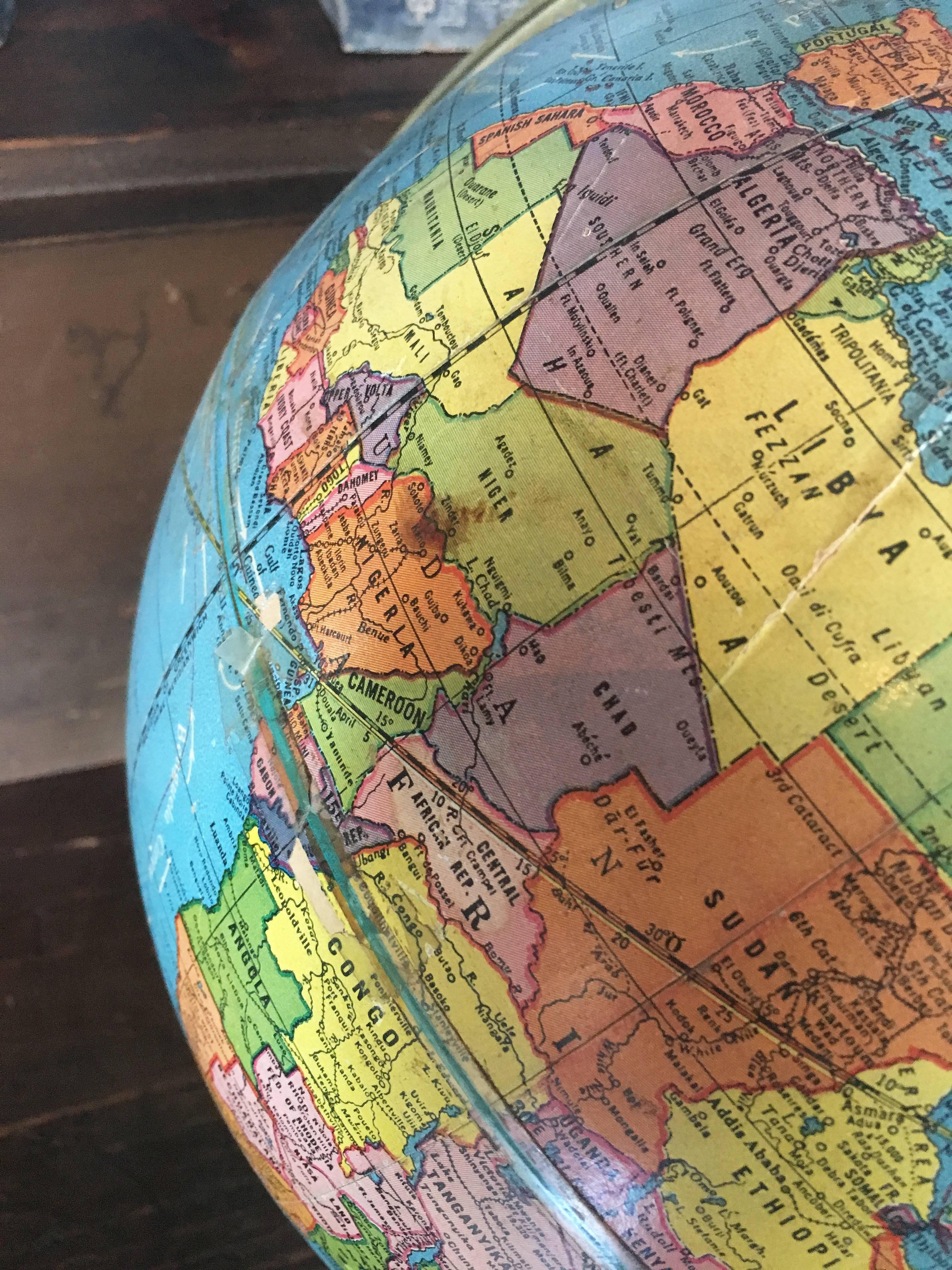 Metal Vintage Scholastic World Globe with Rotating Stand, circa 20th Century