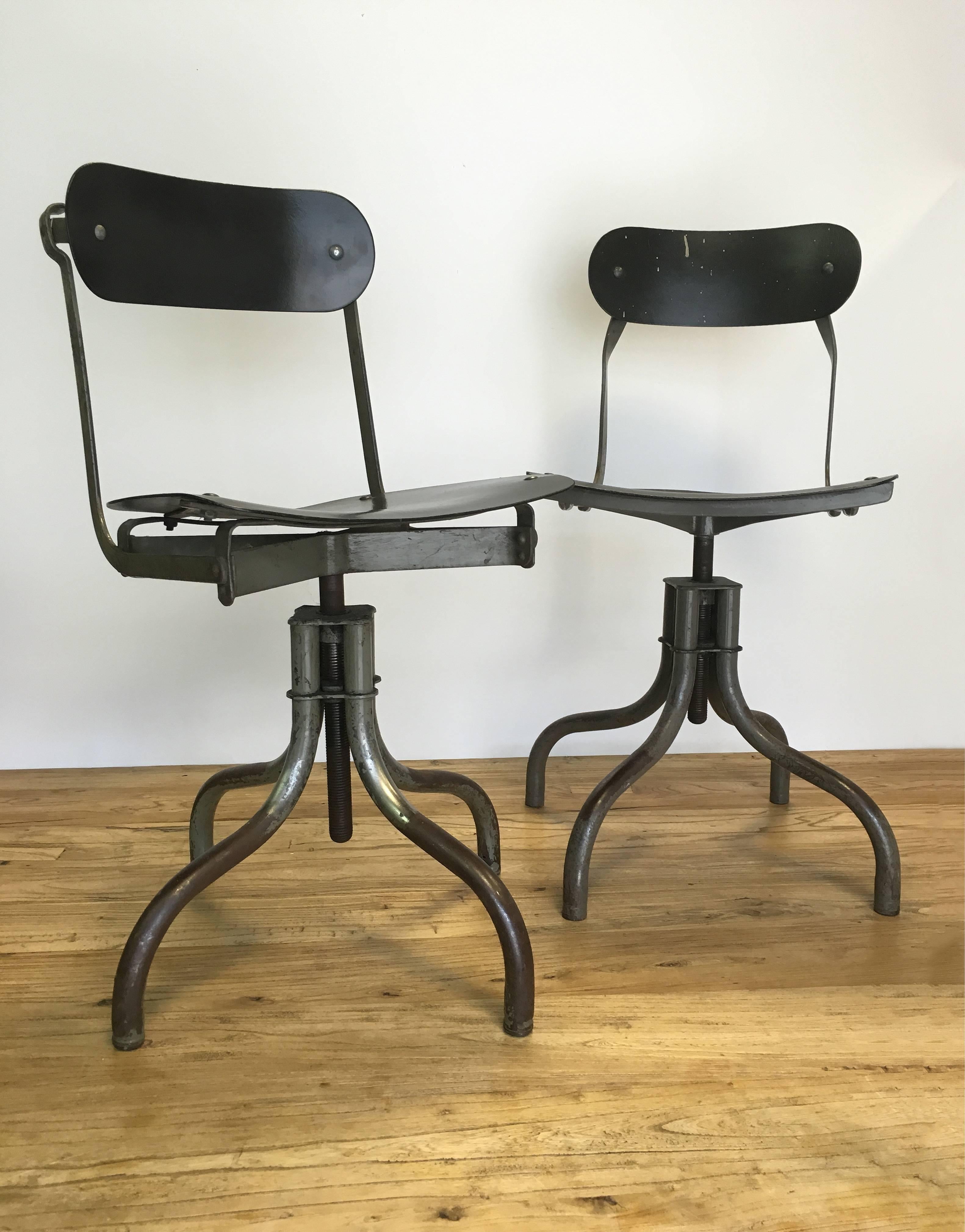 Original Tan-Sad Posture Chair. Produced in 1920's England as one of the first ergonomic work chairs. Adjustable seat height.

Priced for set of four. Eight chairs currently available; please inquire regarding acquiring all eight.