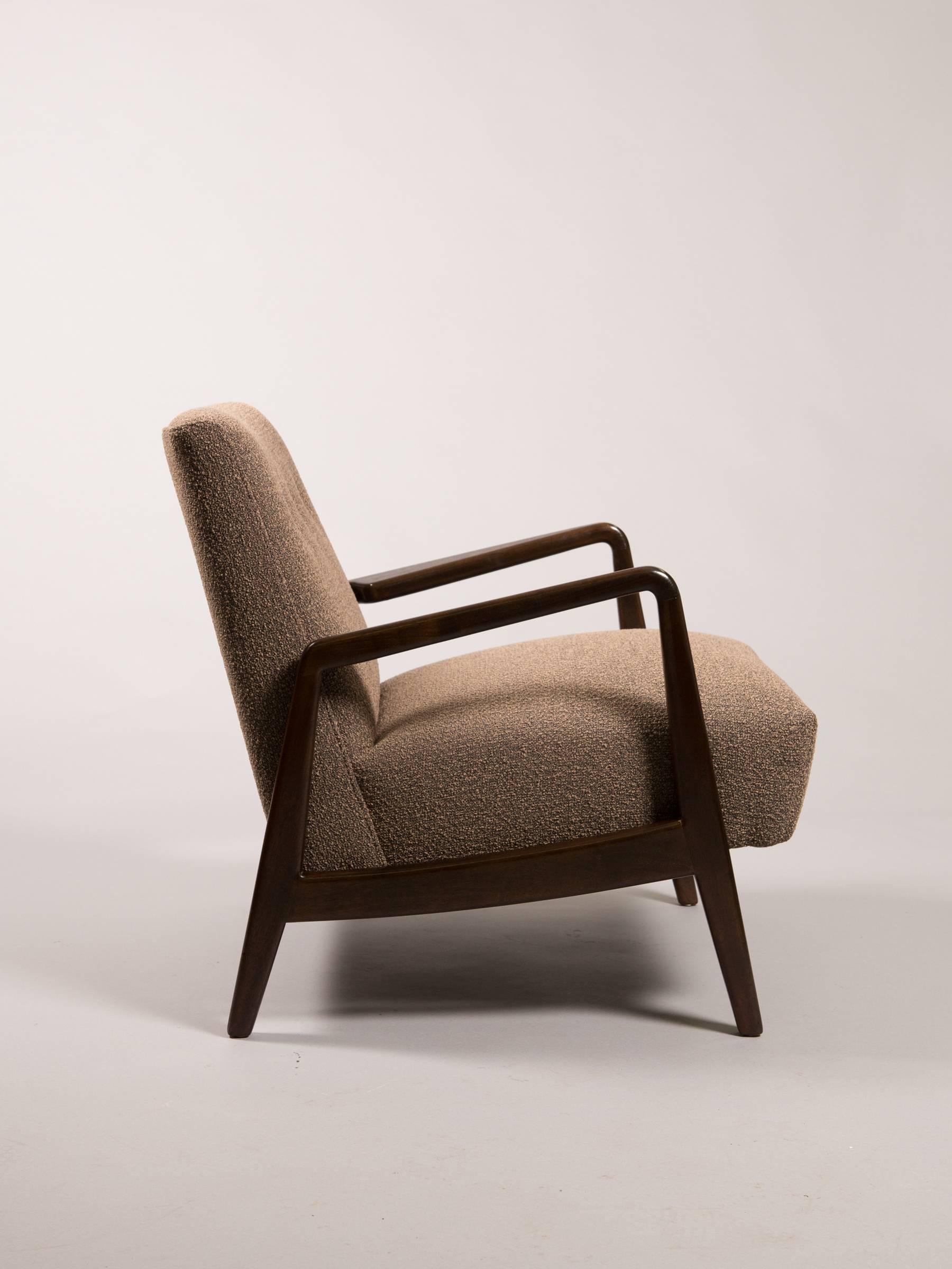 Jens Risom Mid-Century open armchair. Fully restored and newly upholstered in a textural charcoal umber fabric.