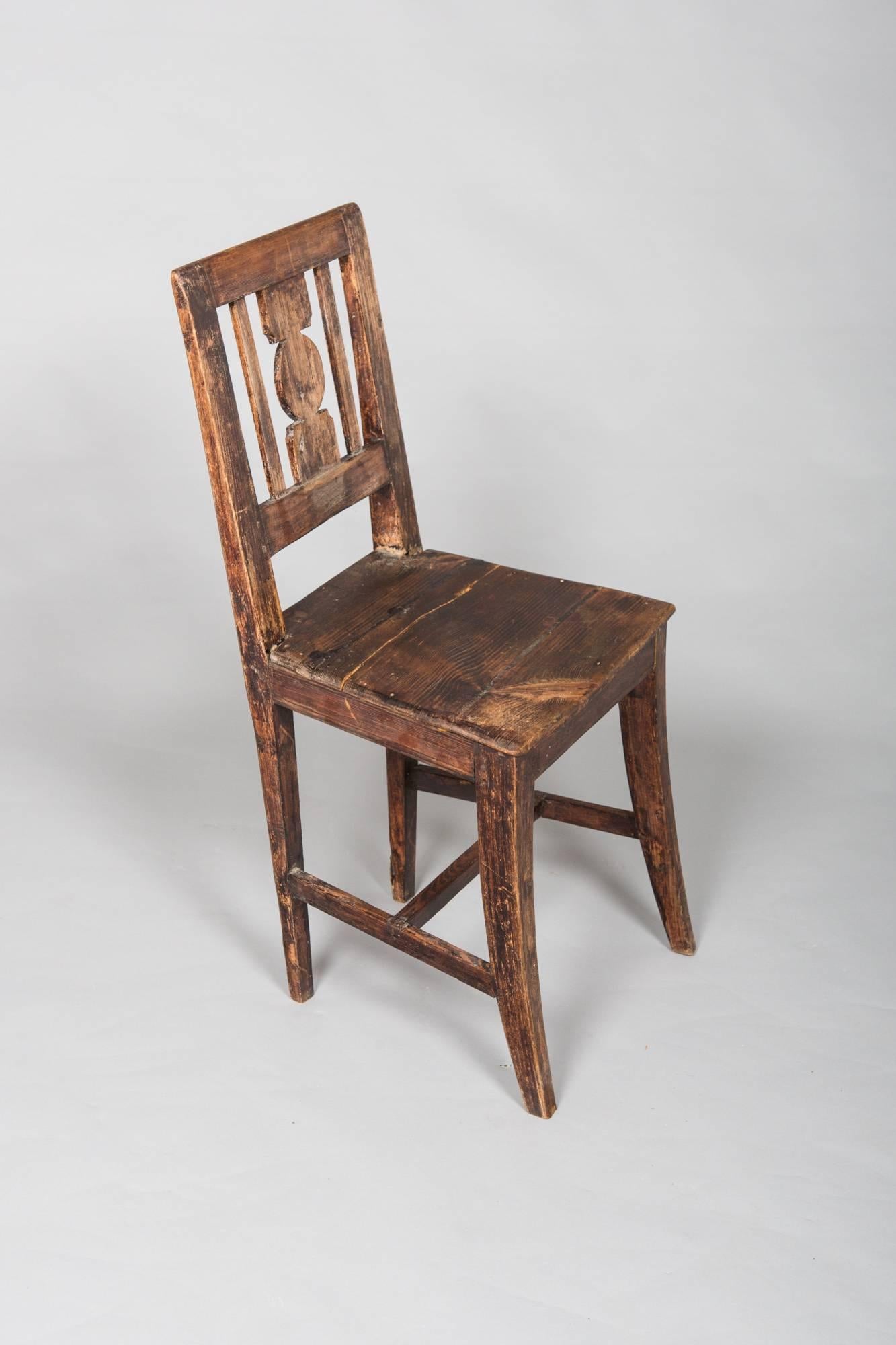 Four 19th century, handmade Latin American dining chairs, each uniquely made with subtle variances that show that signs of one-of-a-kind production. Very beautiful and cool set.
 