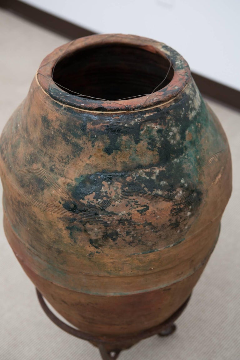 Very Large Clay Vase with Metal Stand at 1stDibs