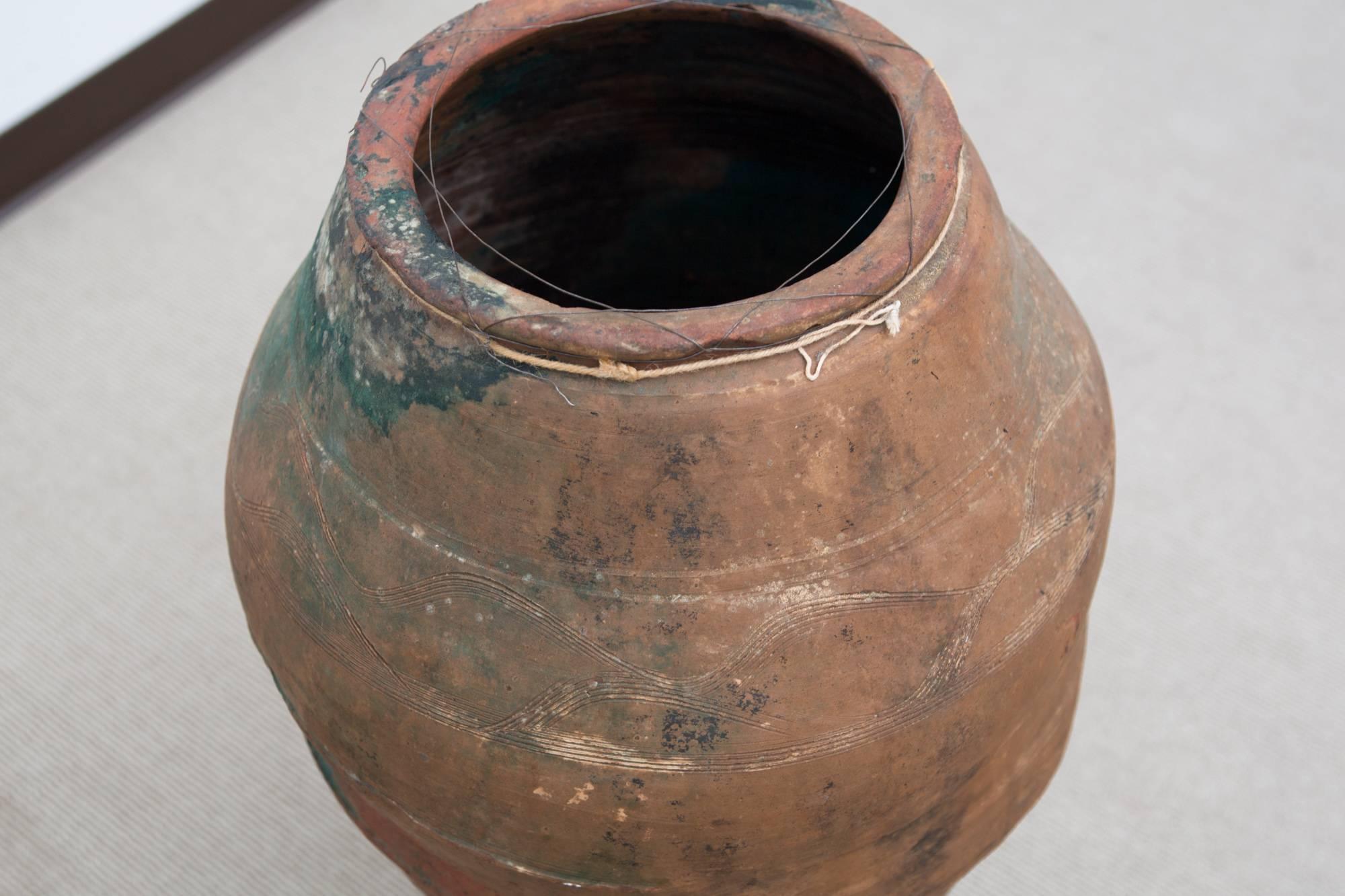 Very Large Clay Vase with Metal Stand In Good Condition In New York, NY