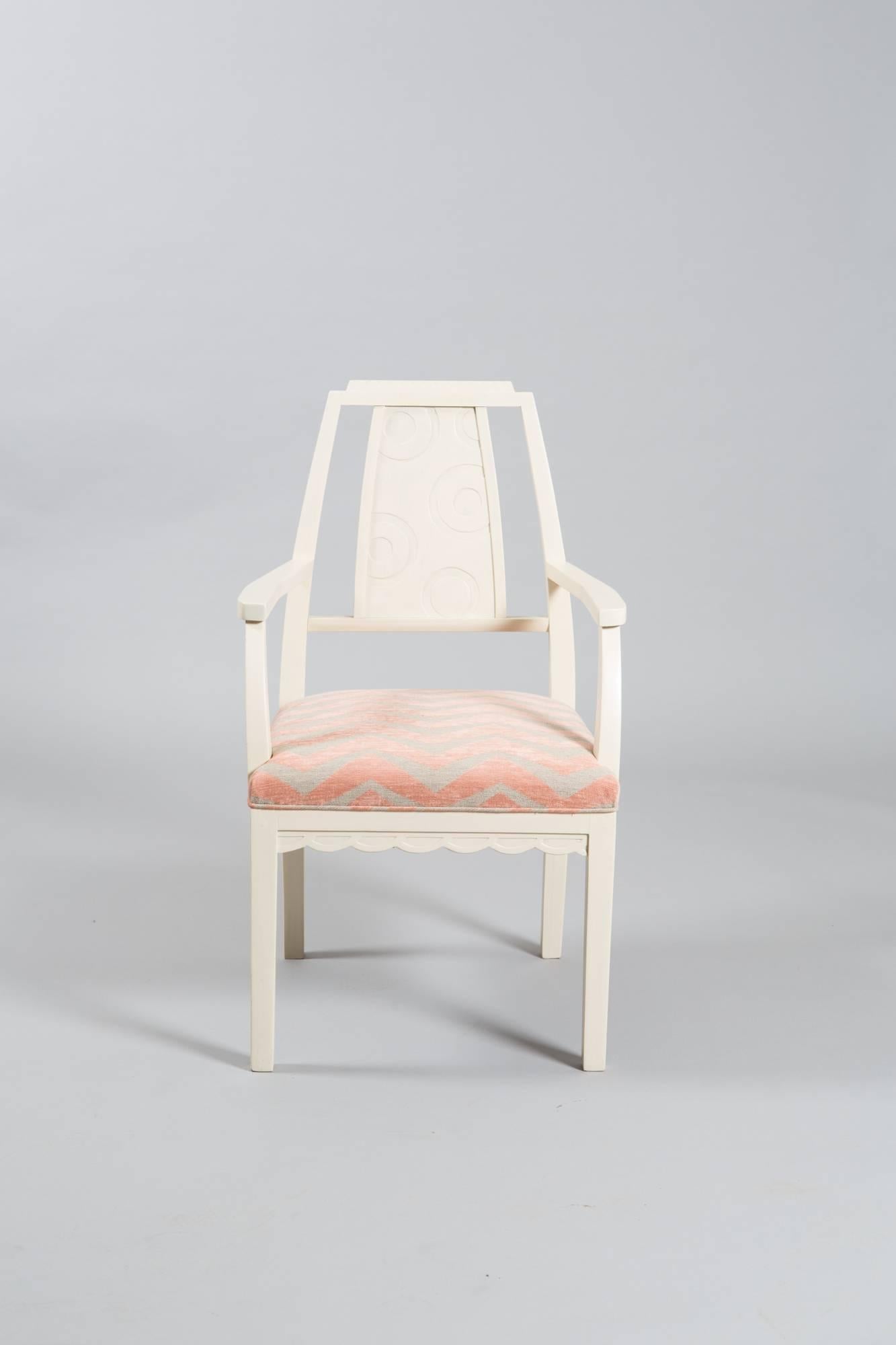 1930s white painted Art Deco armchair with carved detail to back and great apron detailing. Newly restored with a beautiful Chenille fabric.