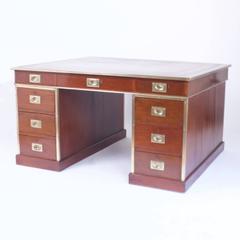 Large Antique English Mahogany Campaign Partners Desk