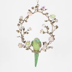 Inspired Opposing Pair of French Porcelain Parrots In Floral Hoops