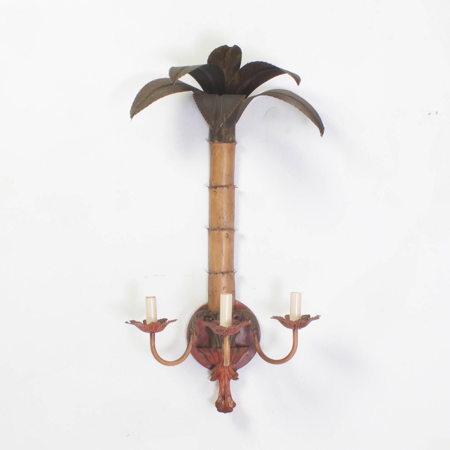 British Colonial Vintage Pair of Tole Palm Tree Wall Sconces
