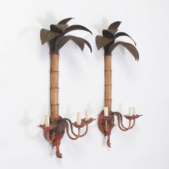 Vintage Pair of Tole Palm Tree Wall Sconces