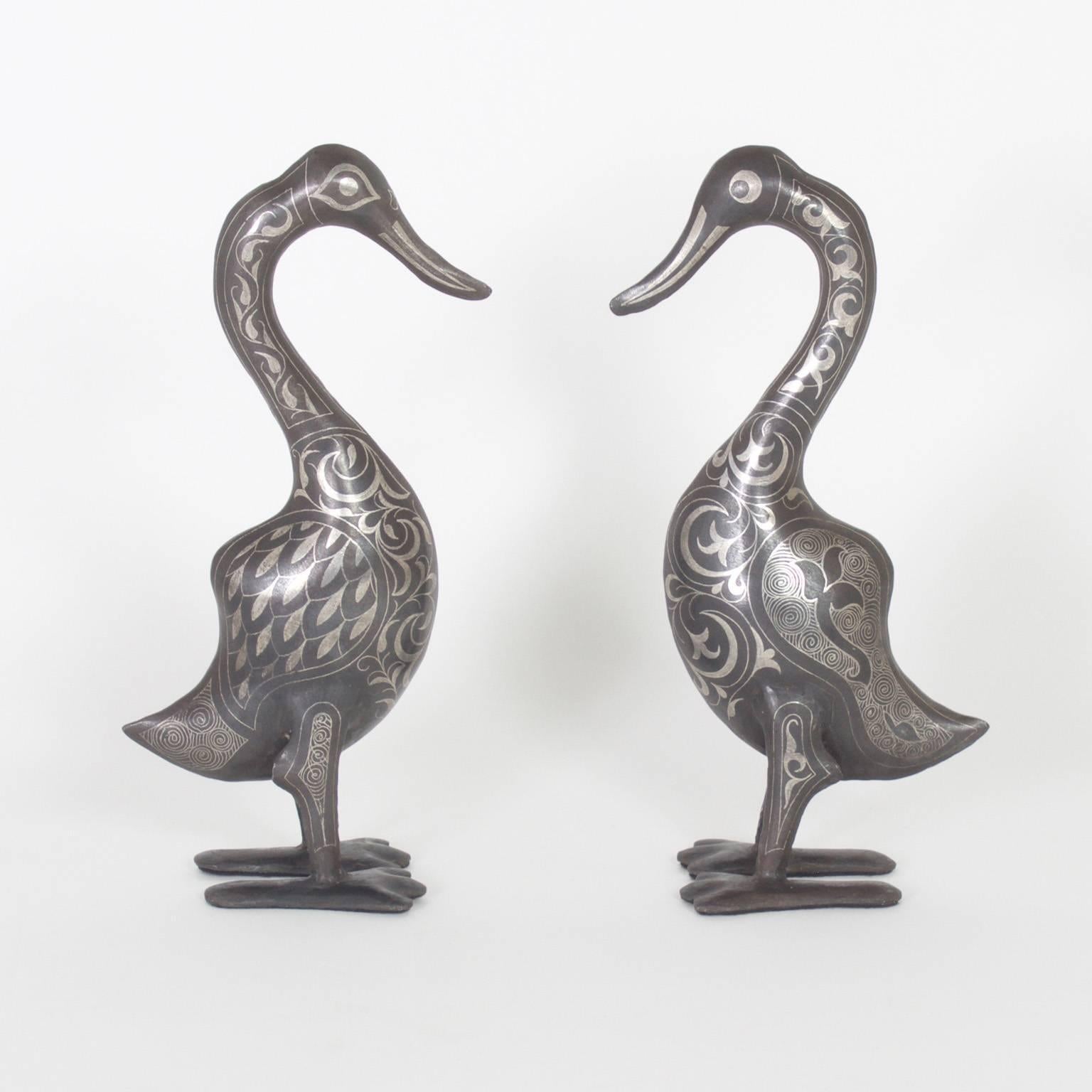 Moorish Vintage Pair of Moroccan Silvered Metal Ducks