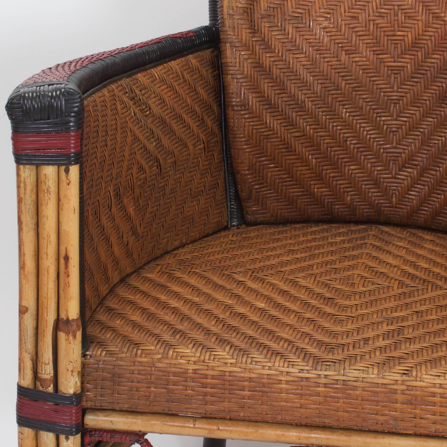 20th Century Pair of Rare Woven Cane Armchairs with Painted Backs