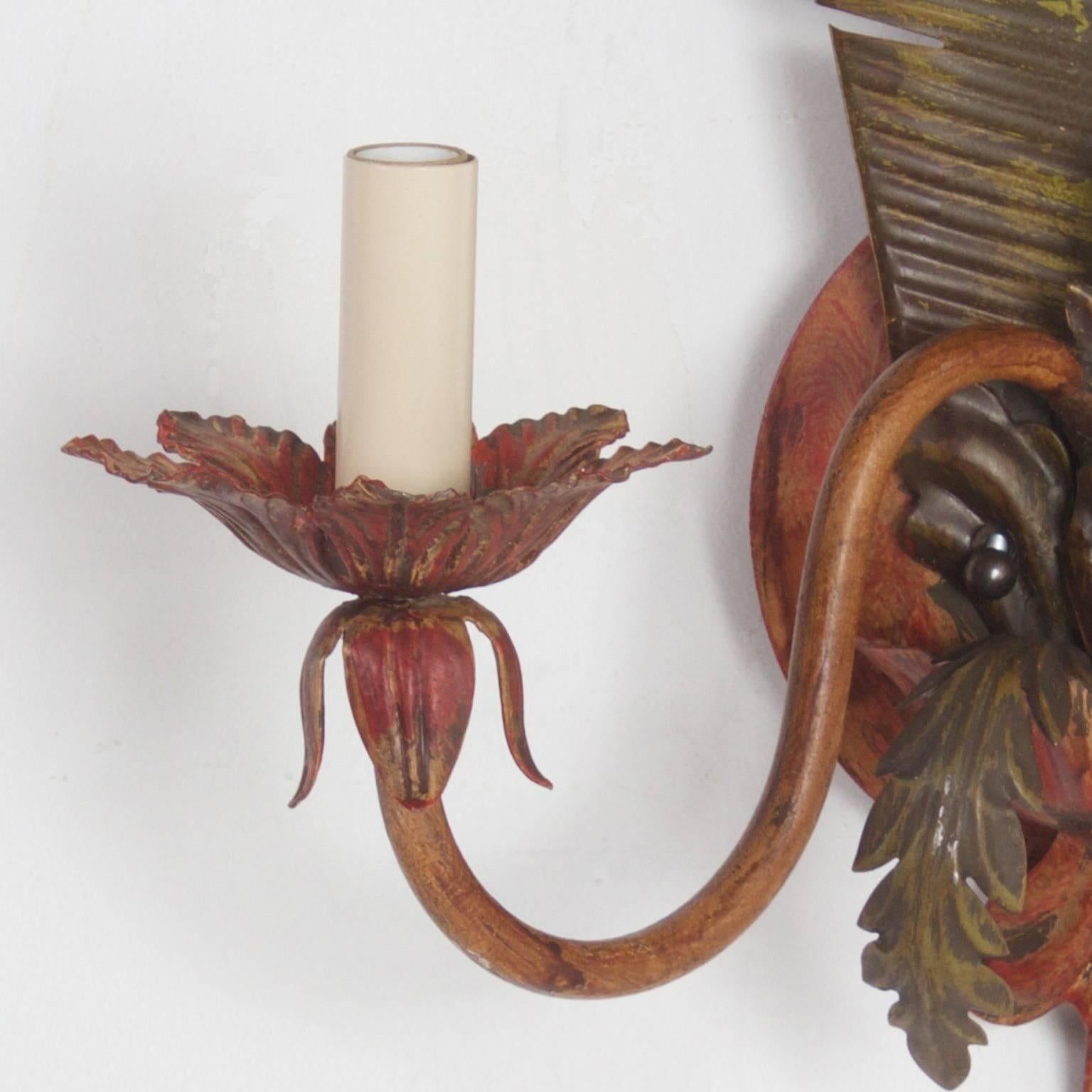 American Pair of Palm Tree Sconces, in Fabulous Painted Tole