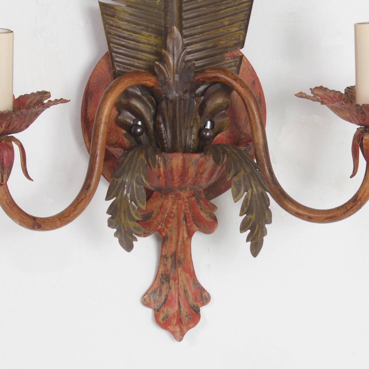 Pair of Palm Tree Sconces, in Fabulous Painted Tole In Excellent Condition In Palm Beach, FL