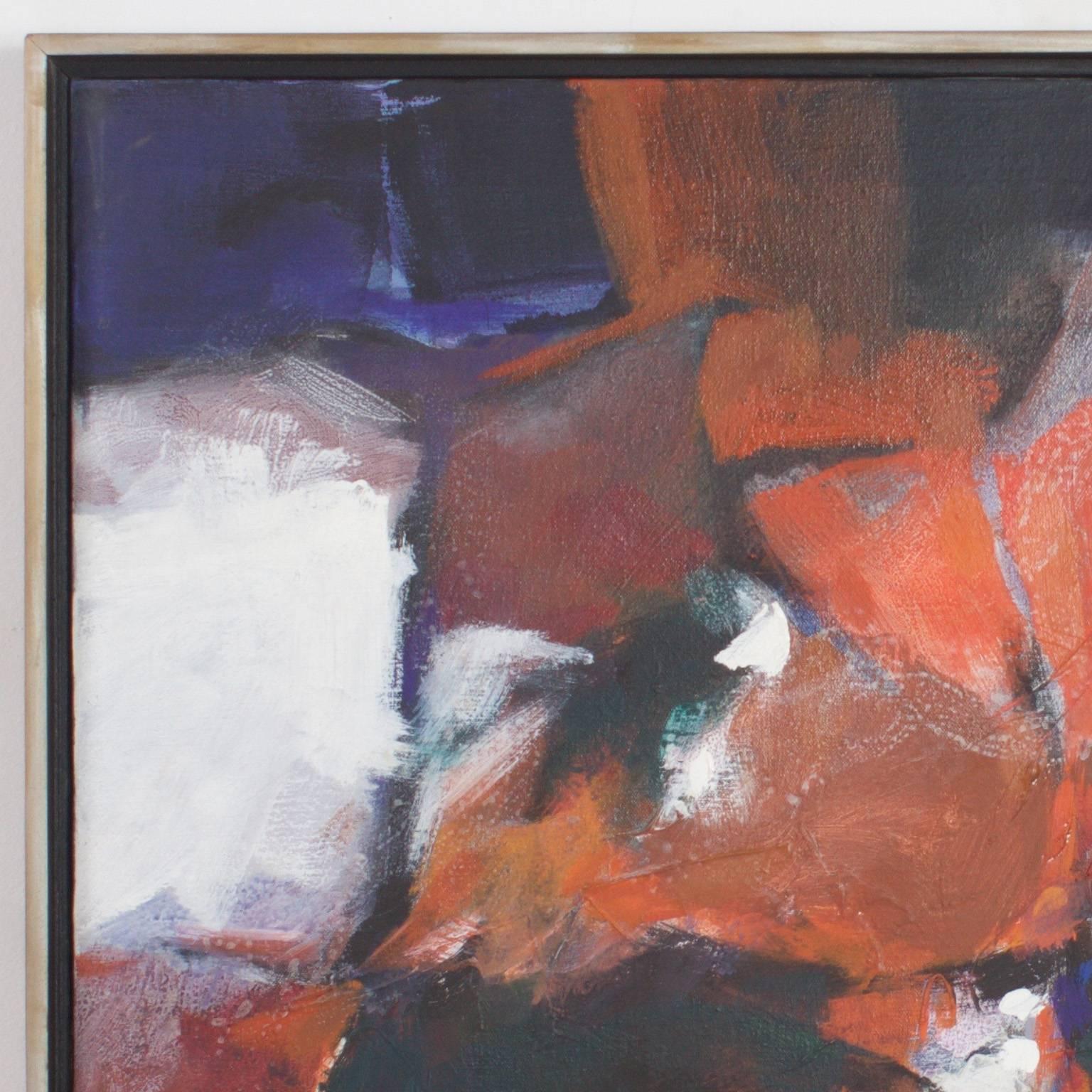 Here is a midcentury abstract oil on canvas with a lush, sensual mix of colors and texture. If the purpose of art is to evoke deeper feelings, then this painting does that job well. Presented in the original, proper frame. Signed on the front Ned O.