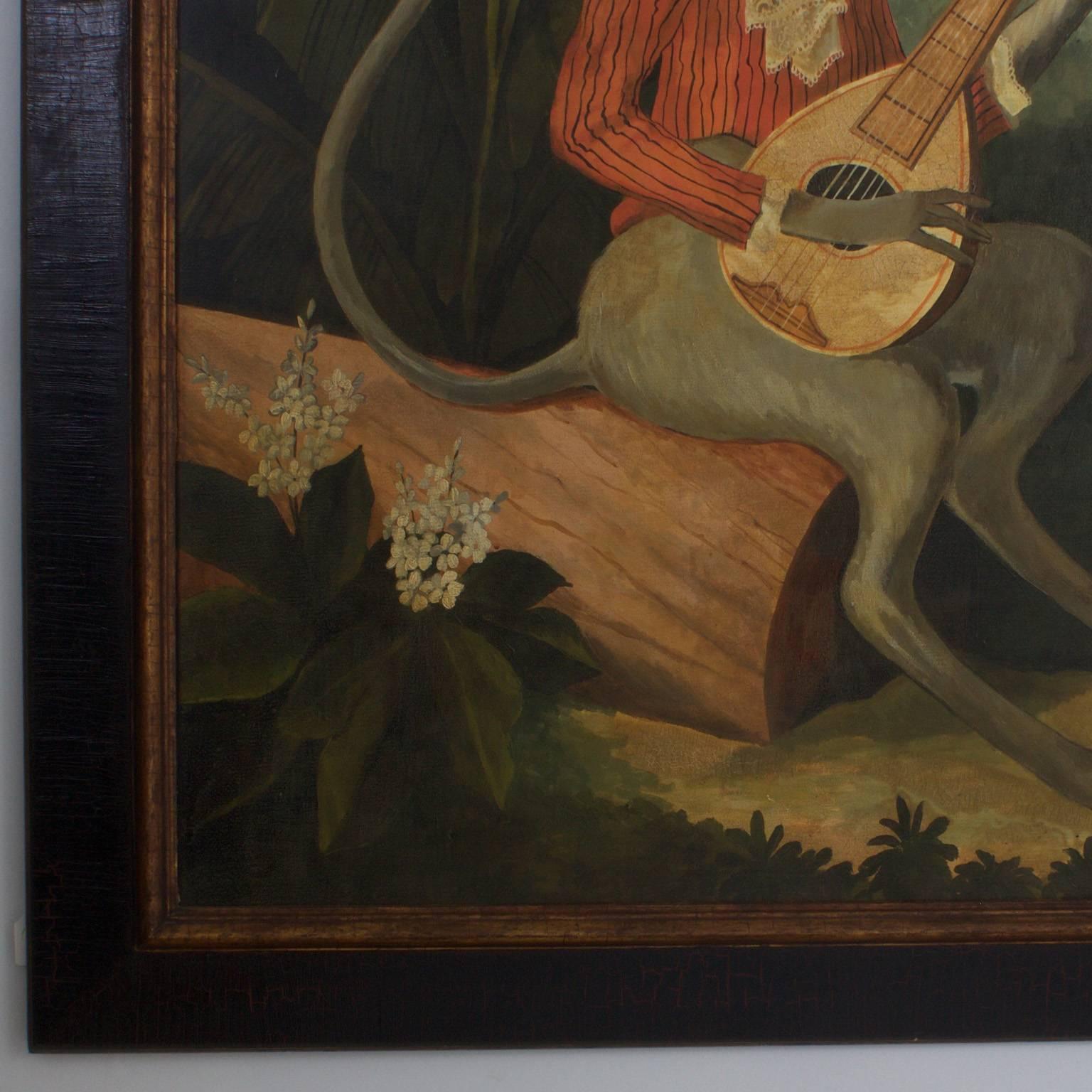 Here is a large oil painting on canvas that brings us to the height of whimsy. As we seem to be intruding on a jungle seduction scene of two monkeys. He, decked out with a three corner hat, lace scarf, red shirt and lute. She, with a lace bonnet,