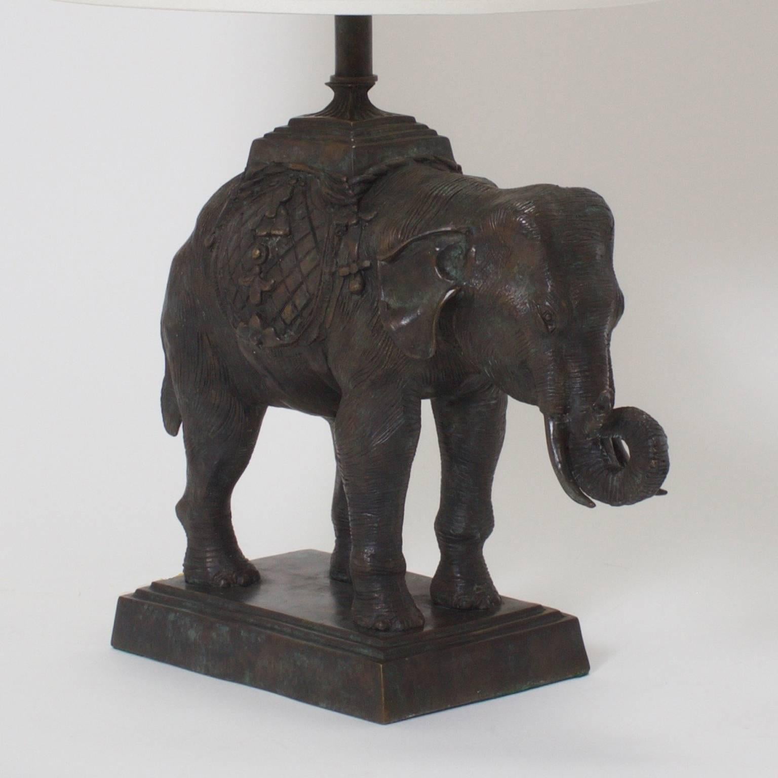British Colonial Pair of Mid-Century Bronze Elephant Table Lamps