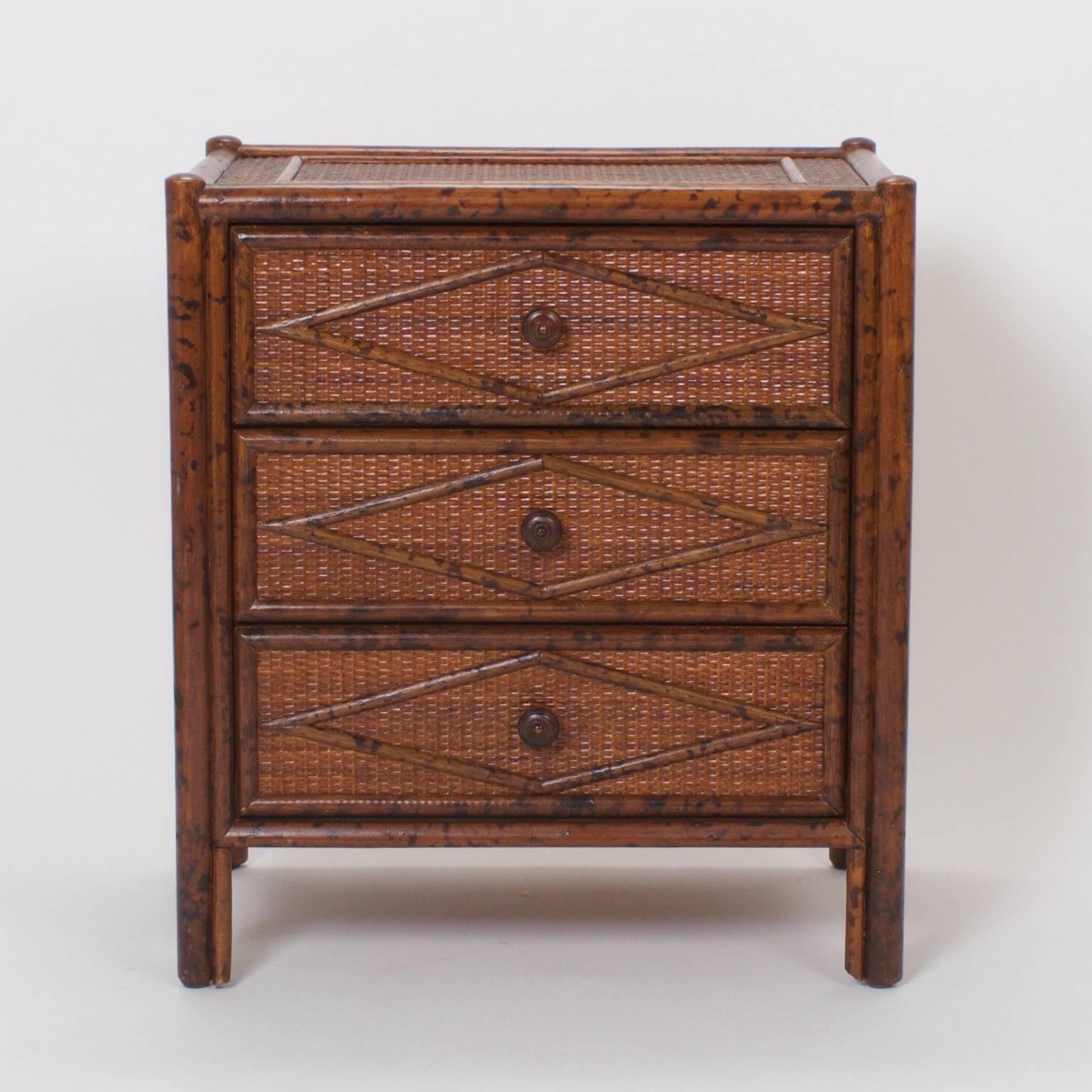 British Colonial Pair of Mid-Century Faux Bamboo Nightstands