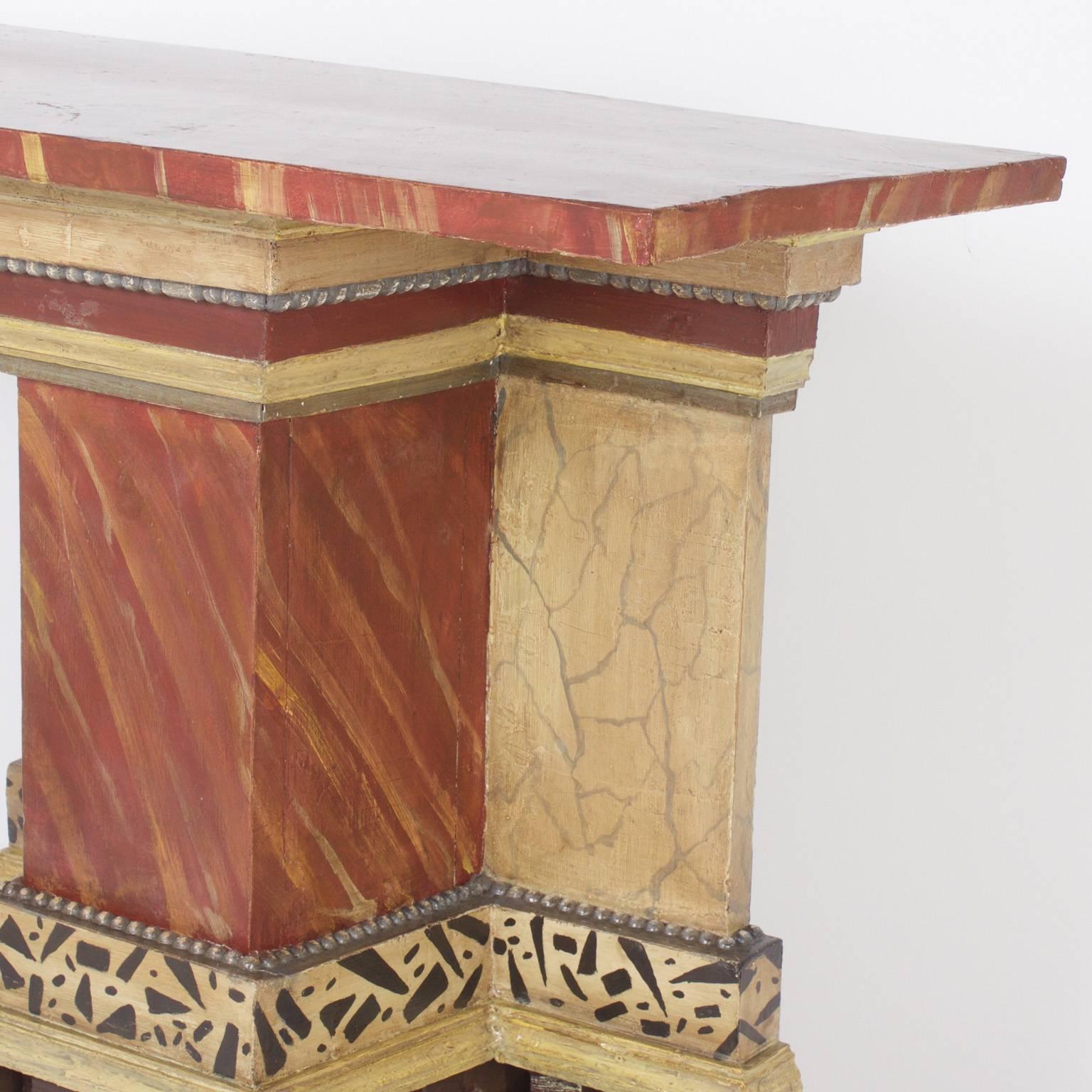 Hand-Painted Pair of Italian Antique Faux Marble Consoles For Sale