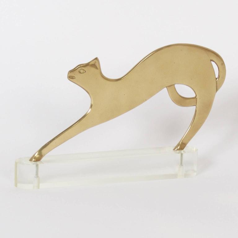 MidCentury Brass Cat Doorstop on Lucite For Sale at 1stDibs
