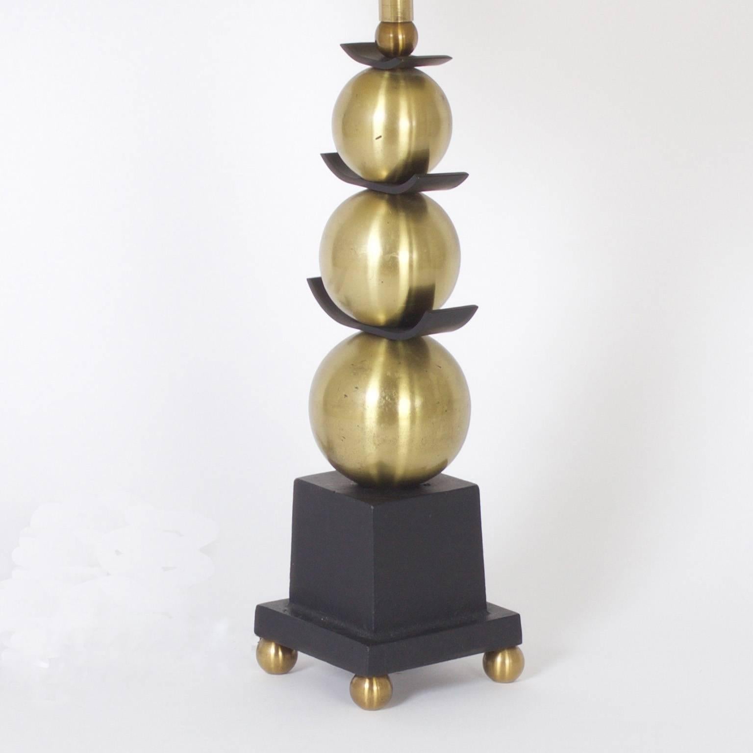 Mid-Century Modern Pair of Mid-Century Brass Stacked Ball Table Lamps For Sale