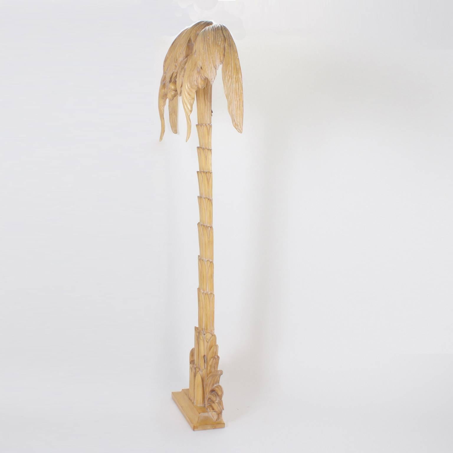 Mid-Century Carved Pine Palm Tree Floor Lamp, in the Maison Jansen Manner In Excellent Condition In Palm Beach, FL