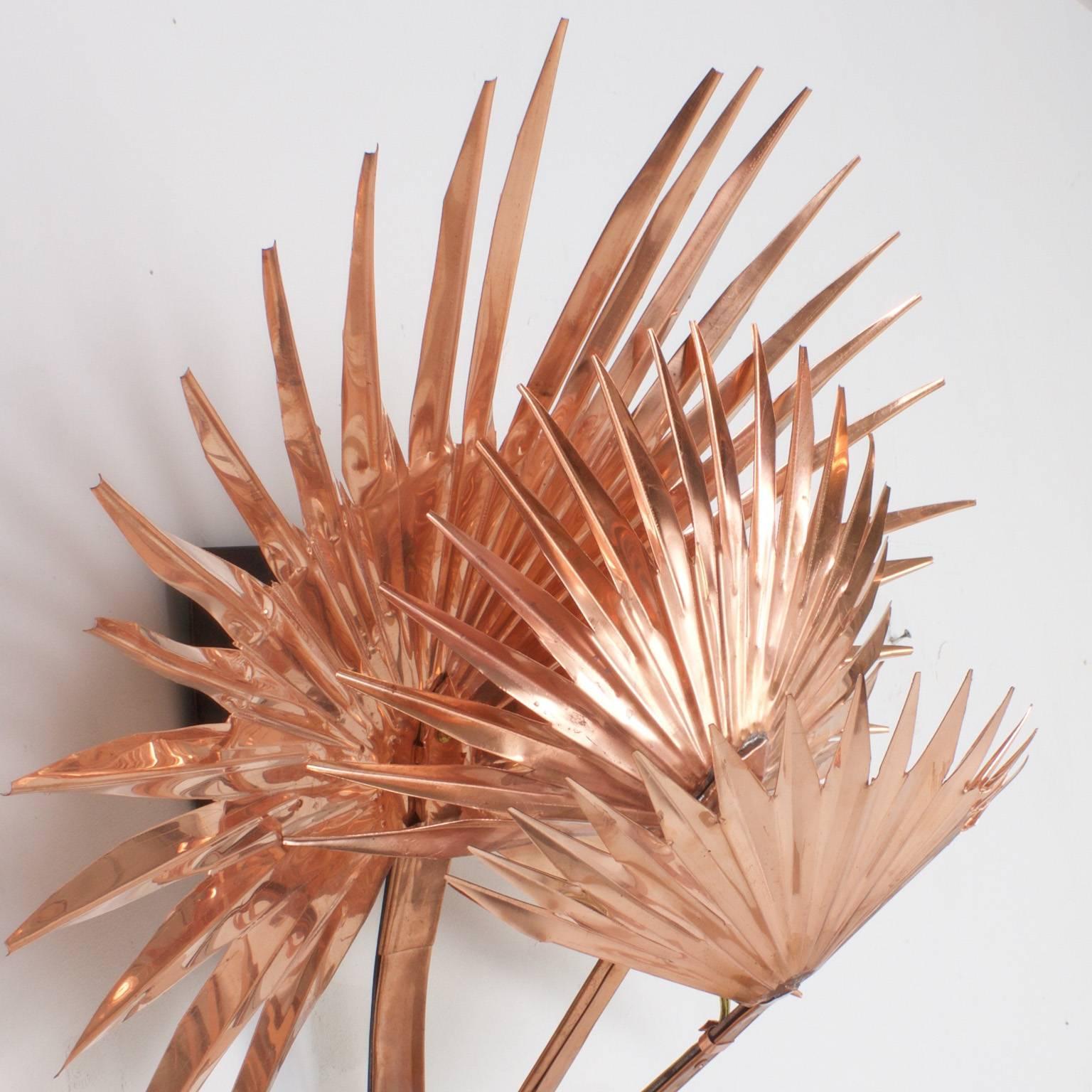 Large Pair of Copper and Brass Palmetto Palm Sconces In Good Condition In Palm Beach, FL