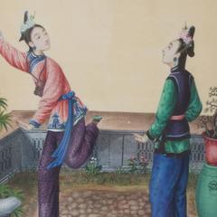 Chinese Watercolor of Two Women with a Shuttlecock, Not a Pith Painting