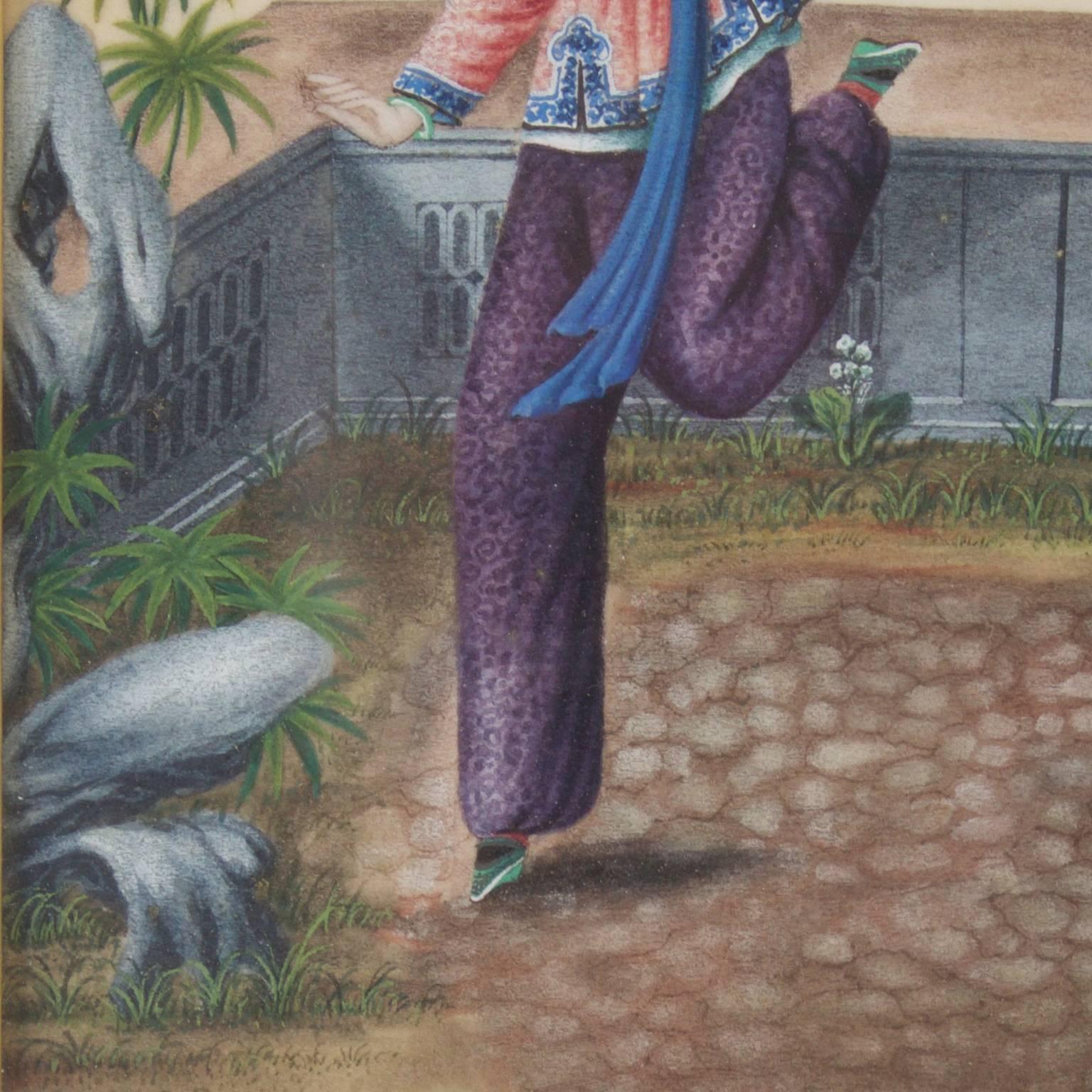 Chinese Watercolor of Two Women with a Shuttlecock, Not a Pith Painting In Excellent Condition In Palm Beach, FL