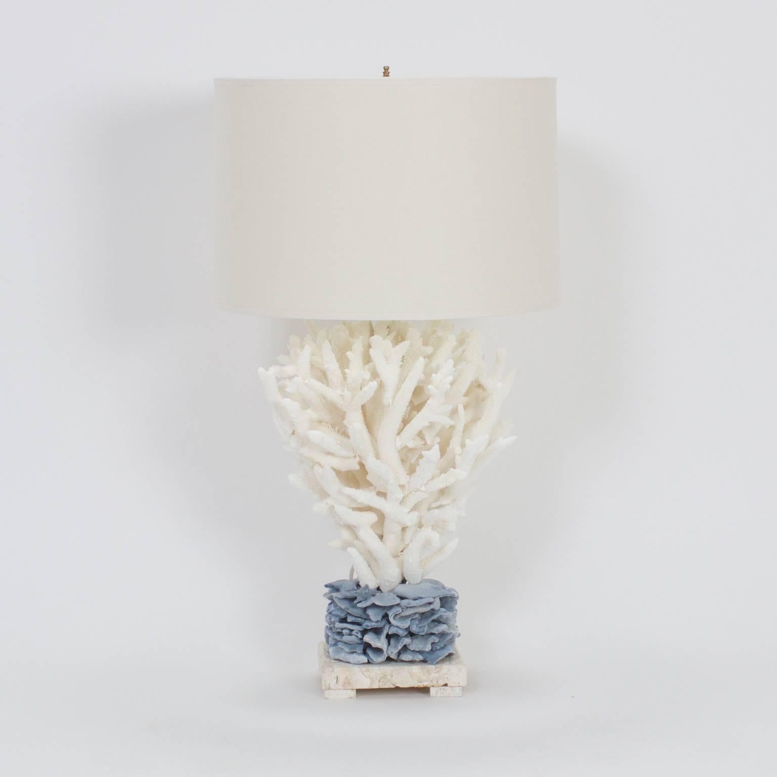 Inspired pair of blue and white Staghorn coral table lamps custom designed and made by F. S. Henemader. Crossing the line between art and function these one of a kind lamps have plenty of decorative applications. 

This piece cannot be shipped out