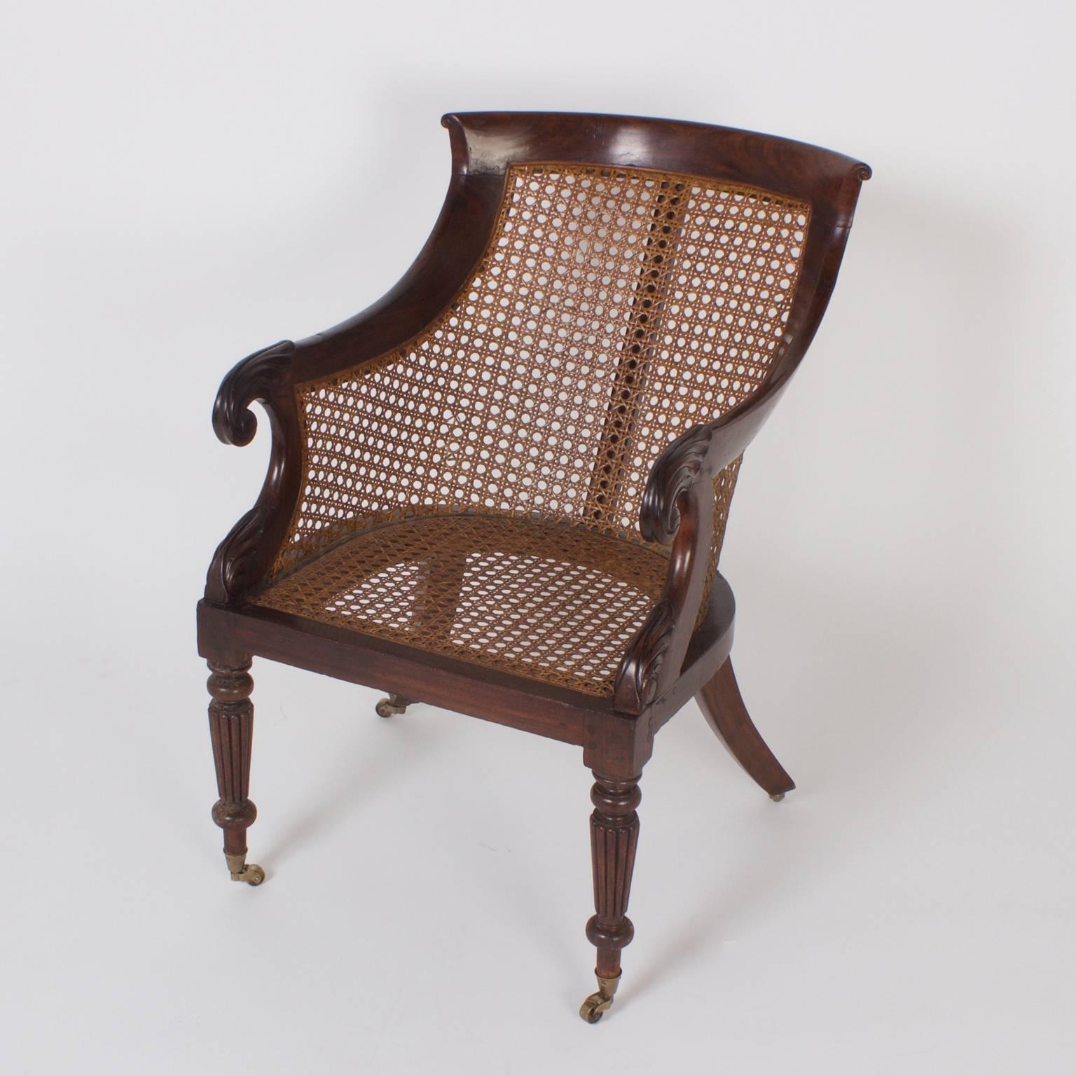 Pair of Regency Style Cane Library Chairs In Excellent Condition In Palm Beach, FL