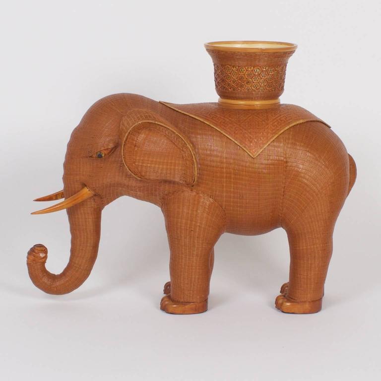 Large MidCentury Woven Wicker Elephant Plant Stand For Sale at 1stDibs