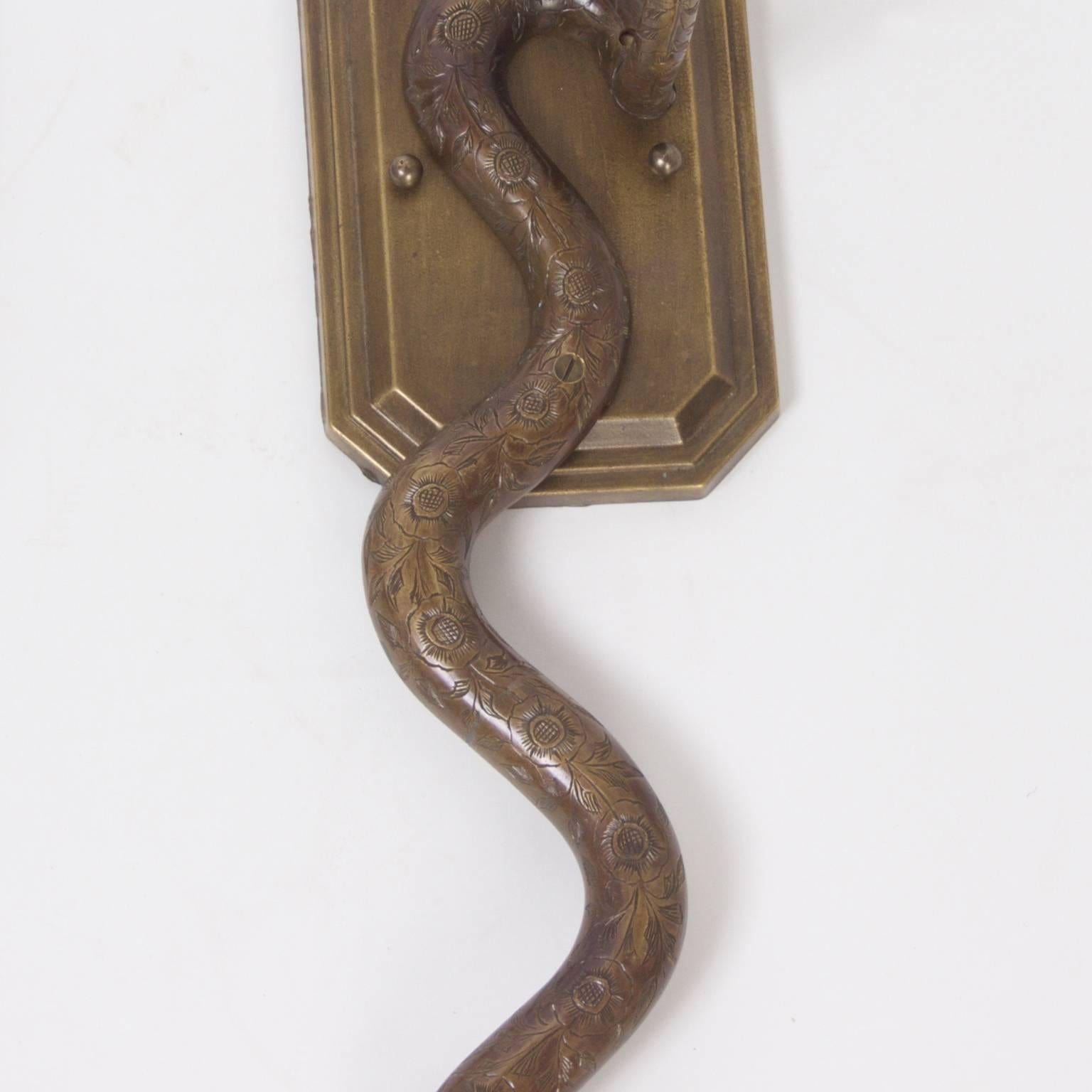 Indian Charming Pair of Cast Bronze Cobra Wall Sconces