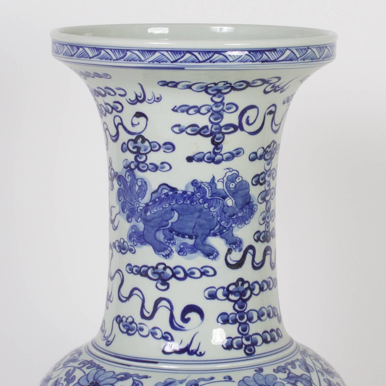 Contemporary Impressive Pair of Chinese Blue and White Porcelain Palace Vases