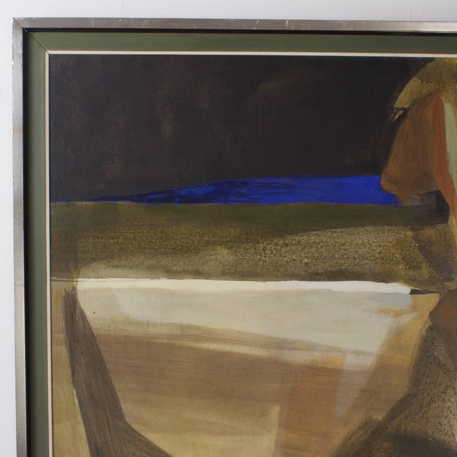 Mid-Century abstract painting that is energetic and evocative with poignant colors and a positive disposition. Presented in the original period frame and signed 