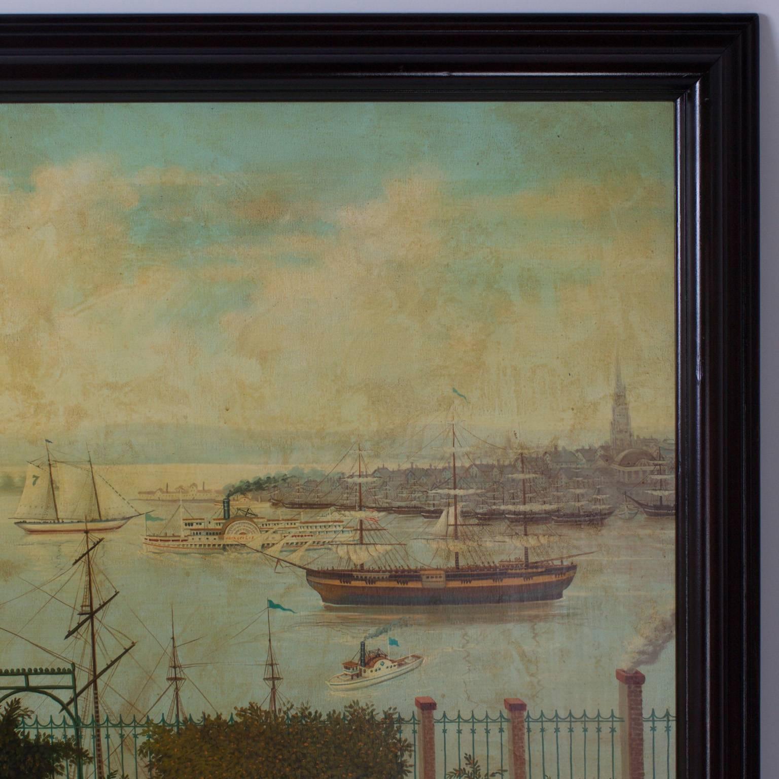 Folk Art Large Oil Painting on Canvas of a 19th Century Harbor