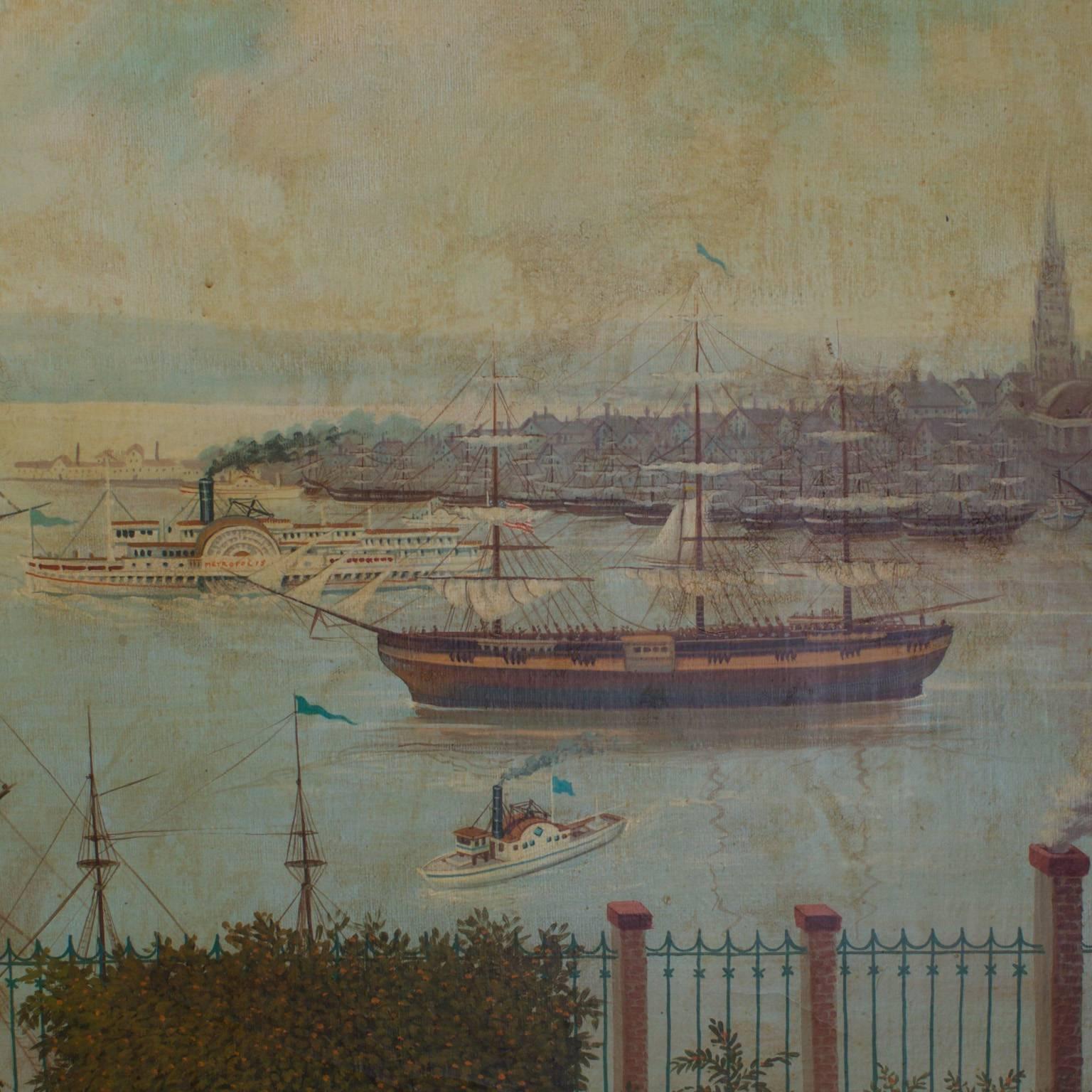 Large Oil Painting on Canvas of a 19th Century Harbor 1
