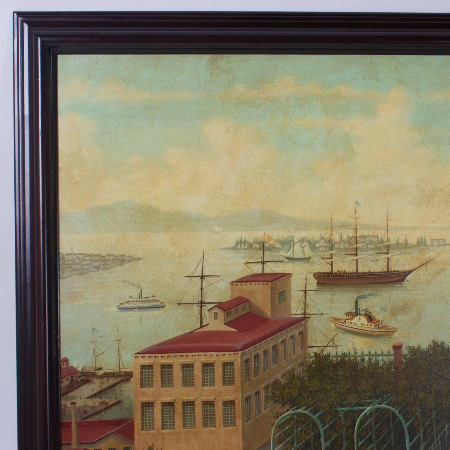 Large-scale oil painting on canvas depicting a panoramic scene of a 19th century harbor and adjacent civilization. Featuring an ambitious attention to detail and a breathtaking view of a moment in time. This painting has a contrived patina to create